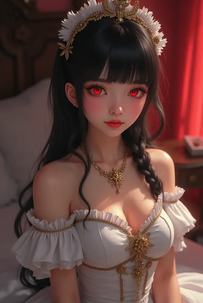 (Limited palette), Best Quality, (((masterpiece))), (((Beautiful detailed hair))), (((Beautiful detailed skin))), Alone, , younger, , (((by white))), Red eyes, (mask), blunt bangs, ((by white sobre los ojos)), by the wide, medium breasts, white dress with ruffles, white ruffles, too many decorations, rosa, noble, leal, bridal hair head, (((Eye focus))), (((horny expression))), blurred background, bright Eyes, Star Eyes, (red theme), bedroom background, looking at the viewer, (((Hair collection))), (((evening))), half closed eyes, close up, (((hair ornament))), upright body, well cut bangs, hair braided behind the head, sleeveless dress,