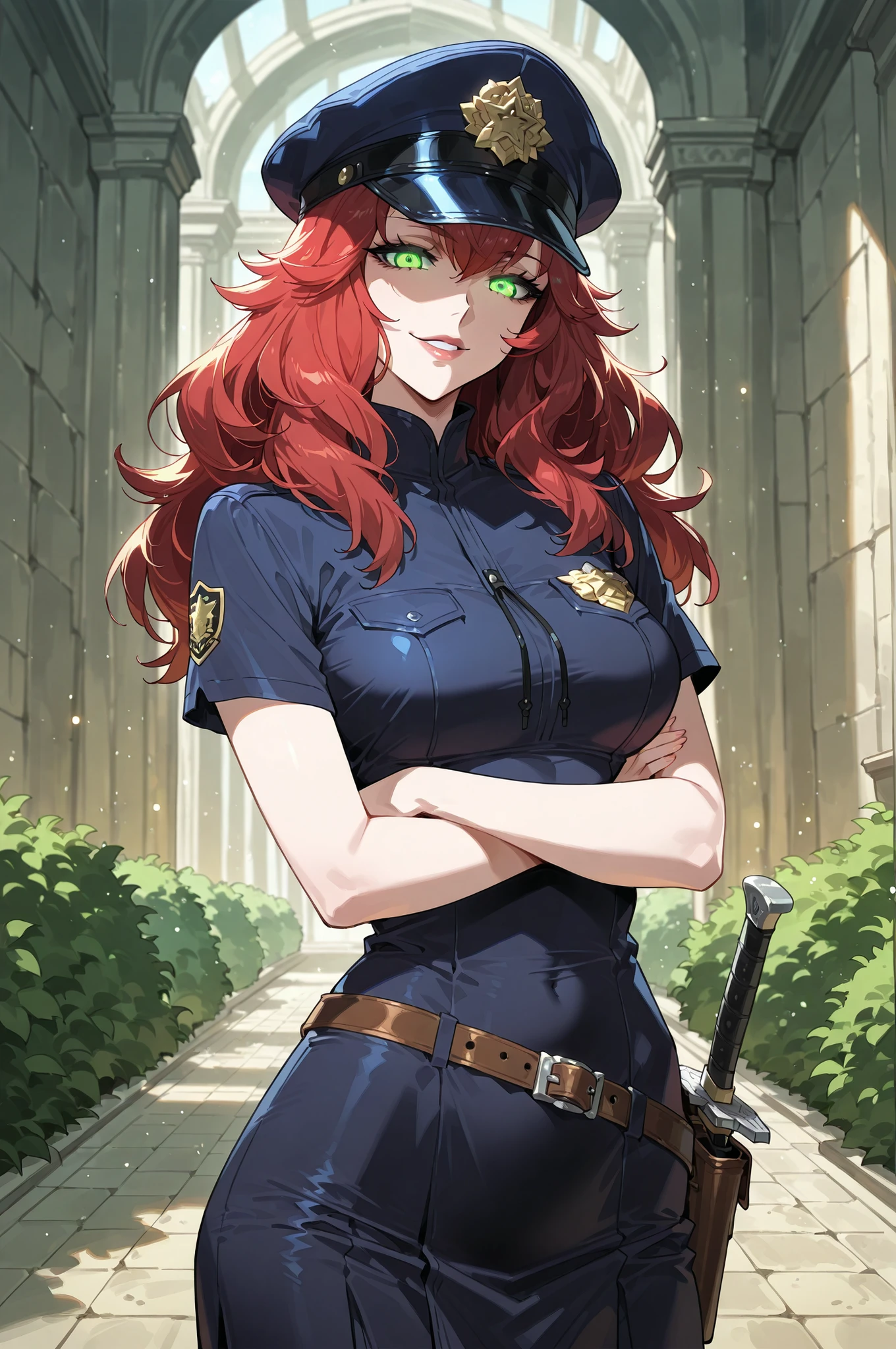 lazypos, 1girl, solo, looking at viewer, wideshot, from front, standing, detailed eyes, looking at viewer, shadow, ligh particles, full lips, thick lips, Inspiring, arms crossed, confident smile, confident expression,
Devola, 1girl, red hair, medium breasts, dress, green eyes, long hair, glowing eyes, medium breasts, militar, dark blue police uniform, dark blue uniform, black militar hat, greek garden background, leather belt with a holster for a pistol, sword in belt, Yumi Miyamoto cosplay,