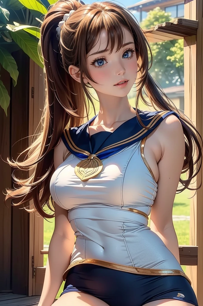 (masterpiece, best quality), 1girl, Mint Sleek Straight Hair, Size B breasts, <lora:sailor_suit_leotard:0.8> sailor collar,leotard,bow,