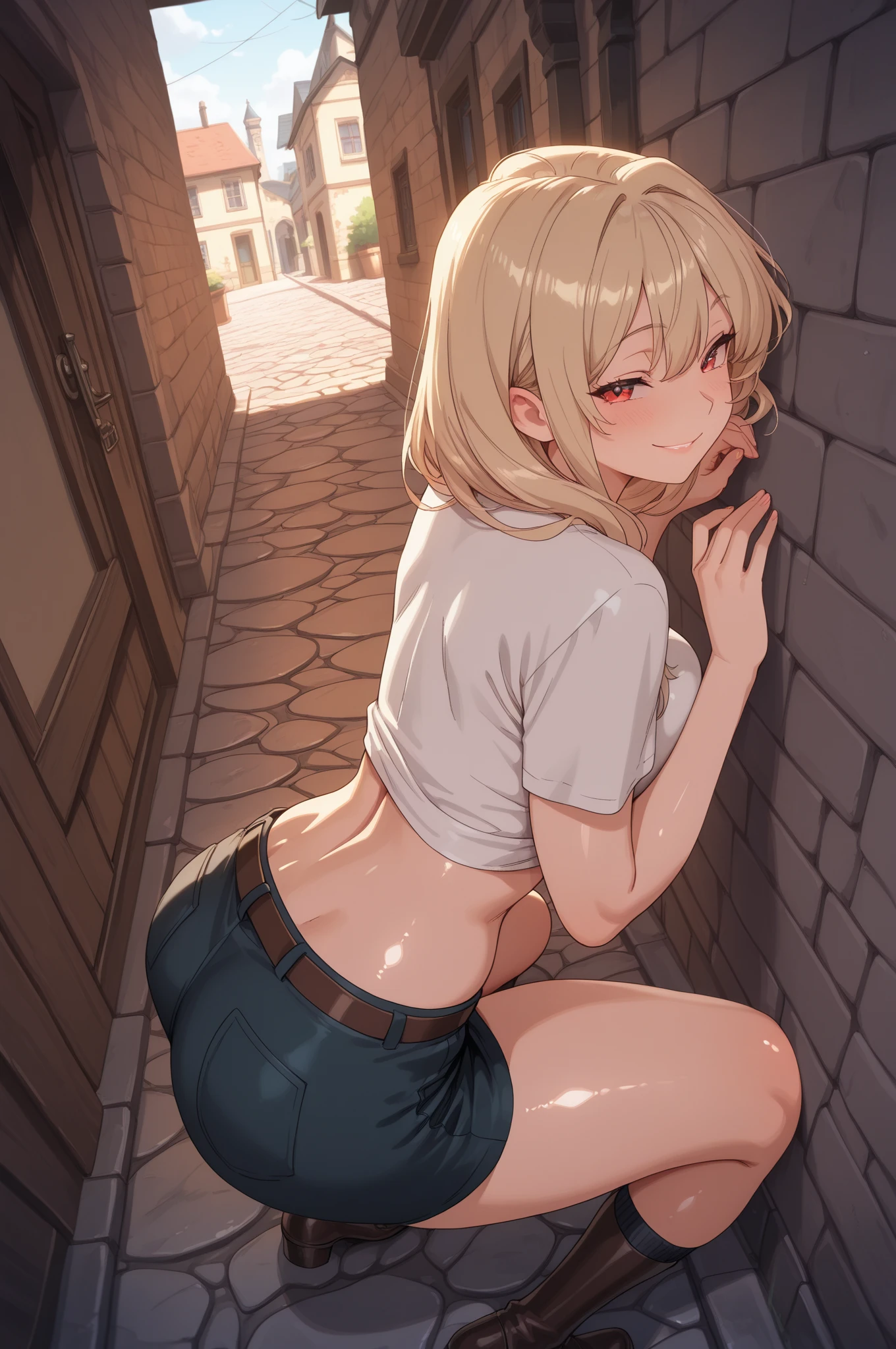 ((best quality)), ((masterpiece)), (detailed), perfect face, skinny waist, skinny thighs, (((topless))), (((embarrassed:1.5))), ((blushing:1.3)), (((18yo teen girl))), blonde, braid, tight jeans, suburban street, ((arms above head)), walking, sneakers