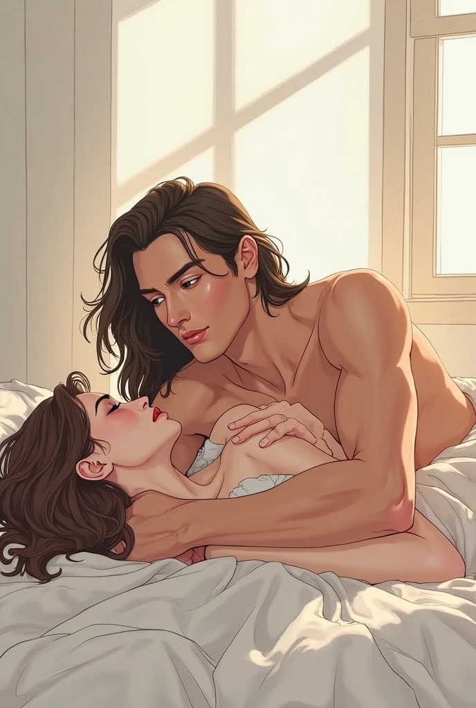 The man in his 45s with black very short hair and smooth face with moustache. The woman in her 45s with brown wavy long hair. The man and the woman are naked. In bed. Cowgirl sex. Orgasm. Passion. Erotic. Night. Dim and dark environment. Realistic. Ultra realistic.