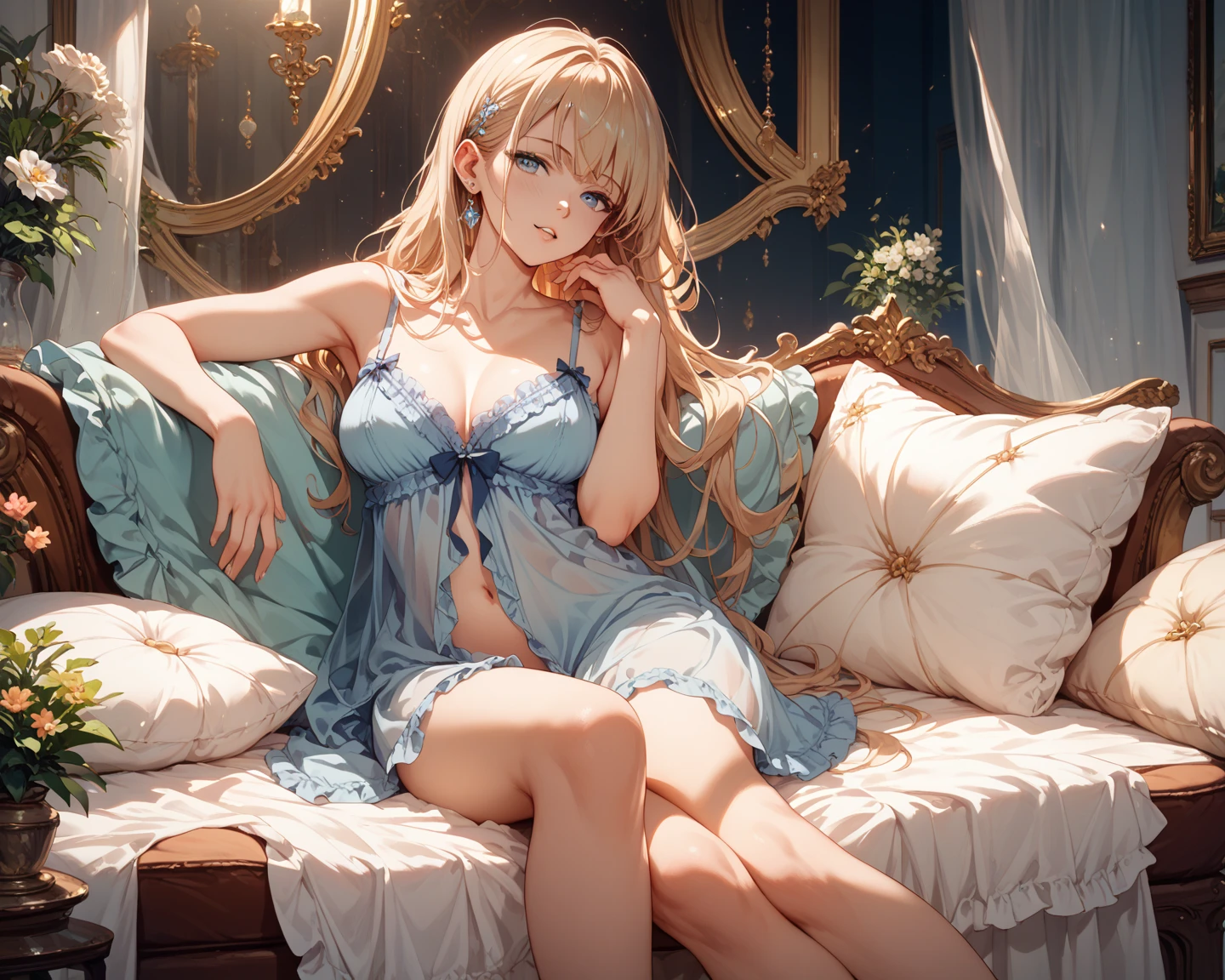 (masterpiece),(top-quality:1.2),1girl in,(masuter piece:1.3),exquisitedetails, Highest quality 8K resolution, Ultra-detailed, Realistic, Vibrant colors, Soft tones, With warm and gentle lighting,Morning Bedroom、Sexy smile、Side view、put out the tongue、pink bra、Fluffy pajamas、on the beds、Lying、slender white body、Bring your chest together、Colossal tits、Blushing、Small necklace,(short twin-tailed blonde hair:1.3),(Hair parted in the middle:1.3),(Glowing hair),(Dark blue eyes:1.3),White skin, hair clips,Overflowing soft and gentle feelings,The sun's rays illuminate joy and pure love, Warm golden glow,The atmosphere is full of happiness and laughter, As if celebrating love,Sticking to ultra-detailed depictions and vivid colors. In a style that blends romanticism and realism、You can feel the depth of love,color palettes,Create an ethereal atmosphere like a dream,and the lighting is soft and diffused, Shine a gentle light on your face,The artwork is a masterpiece