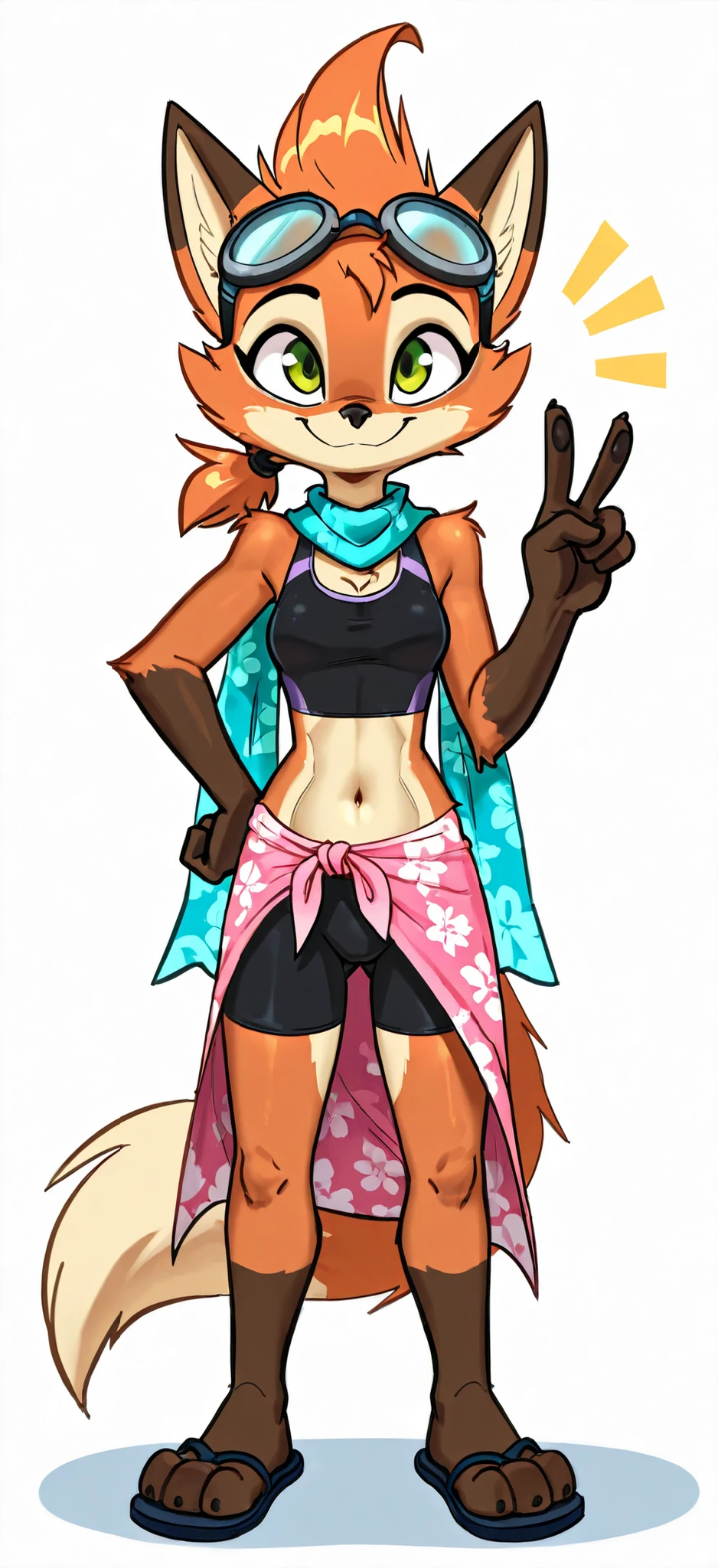 score_9, score_8_up, score_7_up, 1girl, source furry, absurdres, masterpiece, best quality, amazing quality, siroc, solo, dynamic angle, fleetfox, furry, fox, orange fur, green eyes, female, short hair, spiky pointed bangs tuft, fleetSummer, black tankini, midriff, black bike shorts, navel, scarf with flower pattern, pink sarong, flip flops, full body, feets with three toes, small breasts, ponytail, side view, smile, standing, v, peace sign with one hand, one hand on hip, white background, simple background, front view,