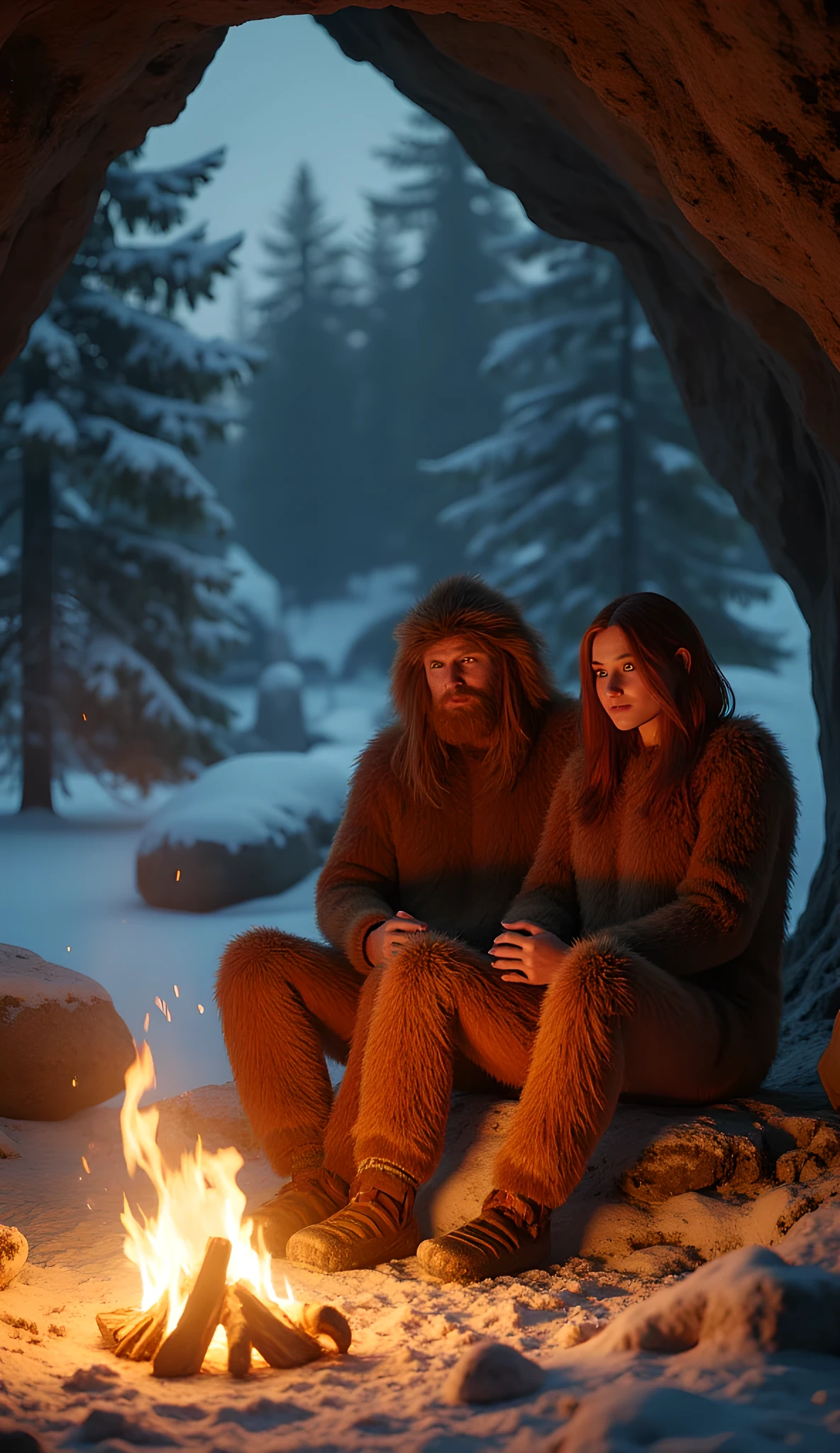 Safe Image Work, 

(Realistic ultra intricately natural landscape),during primitive era,the primitive Neanderthals, the husband and wife hairy gingers sitting together, they are wearing simple primitive fur clothing, cold winter on the scenery,,(perfectly shapelfull fit body|cinematic dynamically camera angle scenery:accurately depicted:1.3),the Neanderthals sitting on the cave scenery, heating by bon fire, realistically full depth,(cinematography dynamic angle|hyperrealistic:realistic scenery:3d texture over the scenery),the volumetric night scenery,winter season,(cinematography vibe),(dynamic image composition),(octane 3d rendering|50mm lens shot:1.3),(ultra realistic texture),(best photography composition),(best image aperture),(full details depth of field),(best shutter speed),(RAW photo image),(photorealistic|photorealism:hyperrealism style),(realistic depth 3d:cgi:1.3),(trending on cgsociety:devianart:unreal engine 5),(best photography:national Geographic style),stonepunk artwork, digital art,best lighting concept,realistic fixed human anatomy body and hands anatomy, inspired by farcry5 game artwork. 