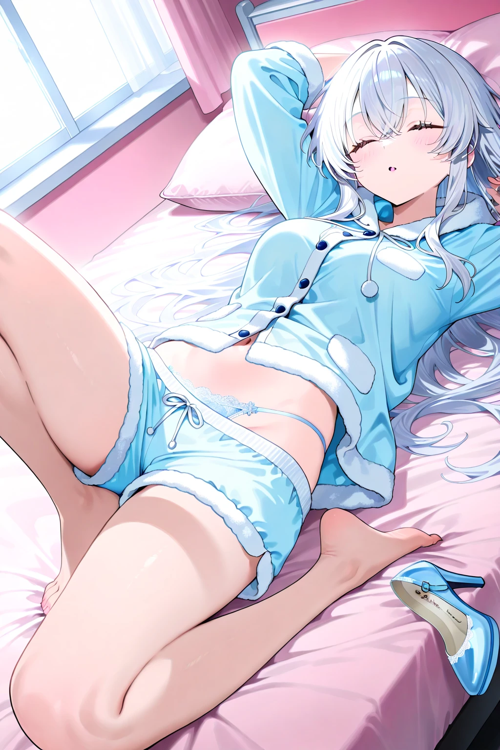 Anime girl, beautiful blue eyes, long white hair, cat ears, in a blue shark onesie, laying on a bed, good anatomy, bare legs, cute, in a beautifully decorated room, 8k, high resolution