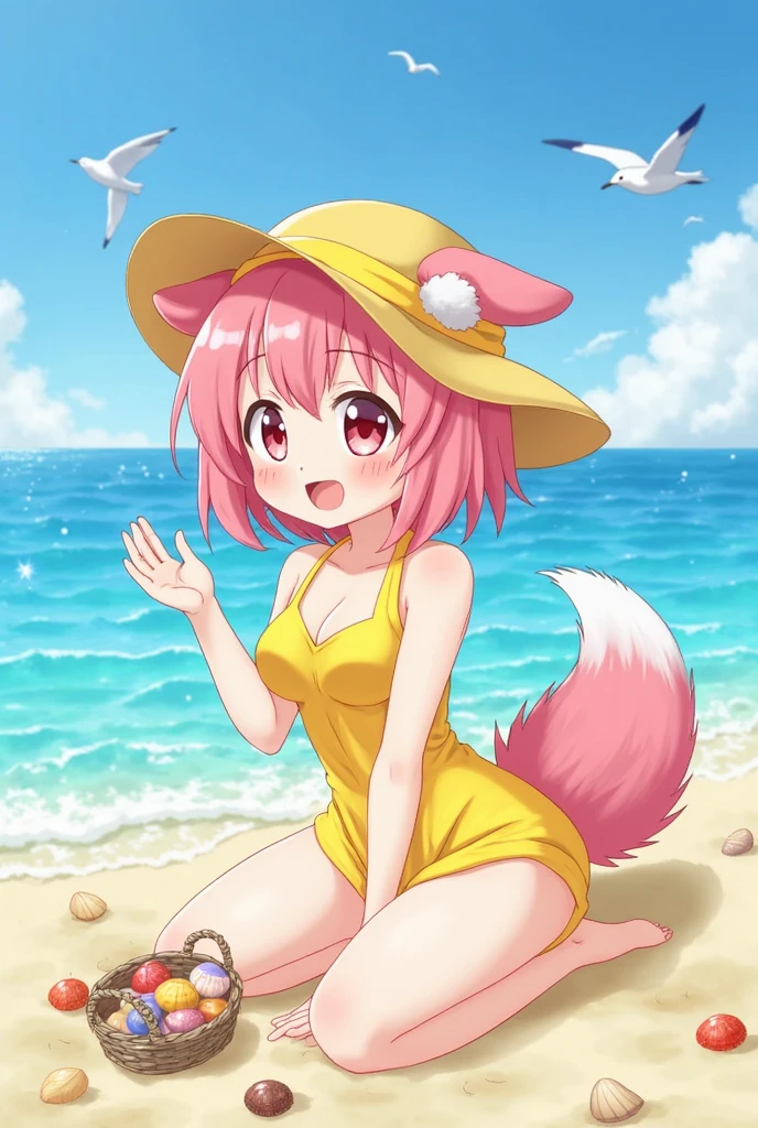 furry girl, young, rabbit, pink hair, emo hairstyle, long ponytail, anime style, flat chest, small breasts, red eyes, yellow hoodie jacket, open clothes, pink bikini, beach, high quality, detailed body, detailed eyes, detailed face, masterpiece, glistening body, detailed body fur, best quality, one tone body fur, white body fur, skinny, rabbit ears, feets whit three toes, full body, :3, looking at you,