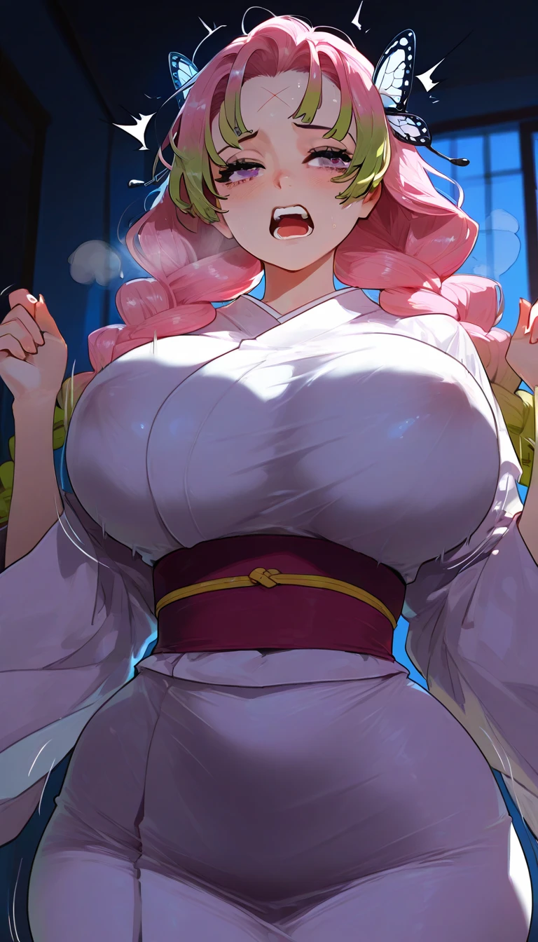 score_9, score_8_up, score_7_up, score_6_up, score_5_up, score_4_up, solo, baiken from guilty gear, amputee, eyepatch, (((one-eyed))), black jacket, black kimono, open clothes, japanese clothes, sash, red pink hair, big thick full lips, ((pouted lips)), sarashi, ((mature woman)), milf, ((NSFW)), sexy, intimate, fallen in love, topless, sandals, (((gigantic breasts))), ((sagging breasts)), big nipples, wide hips, thick thighs, intricate details, detailed background, sharp focus, dynamic, expressive, blossom trees