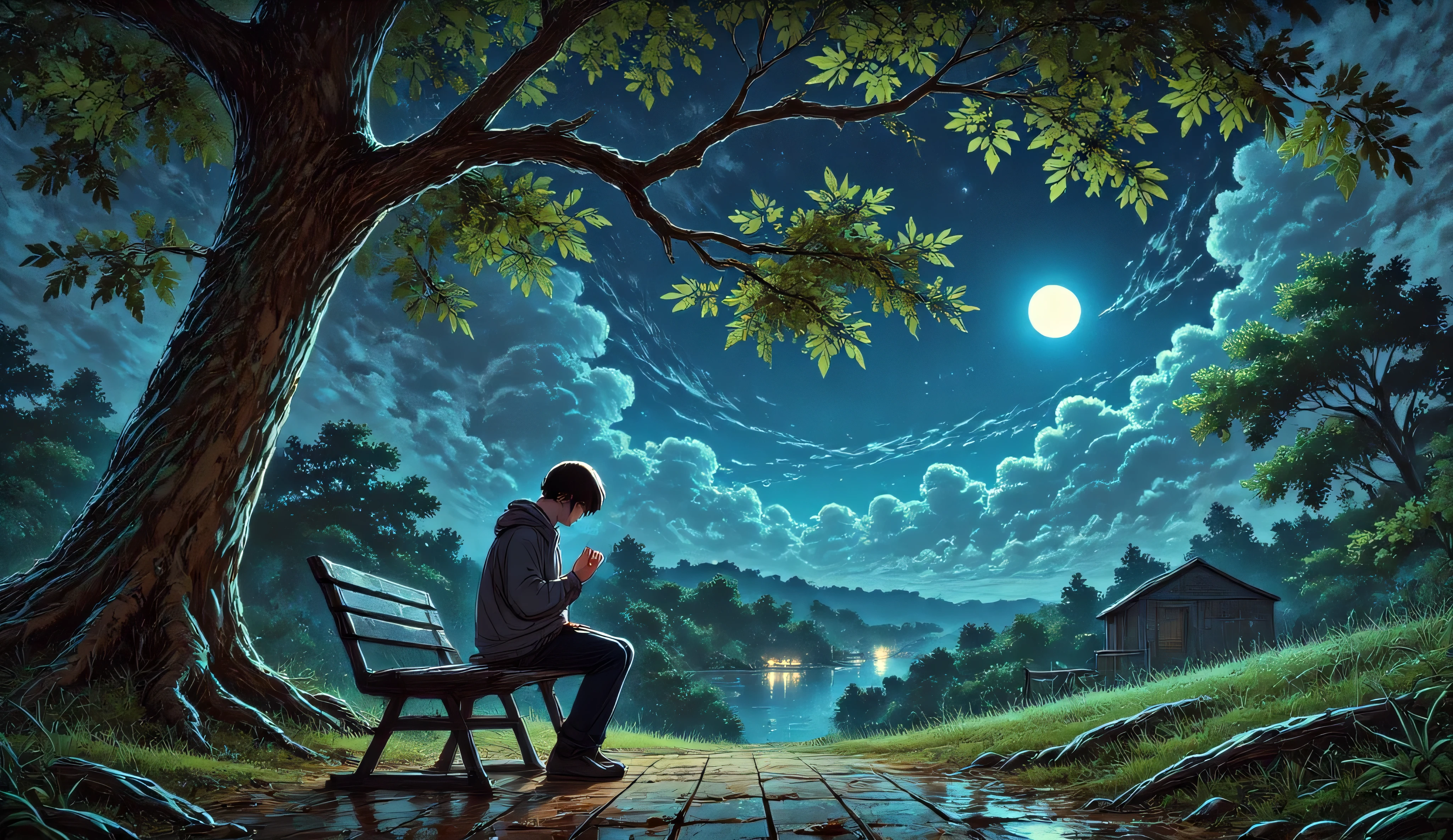 A solitary figure sits on a weathered wooden bench beneath an oak tree, head bowed in deep prayer, illuminated by gentle moonlight filtering through branches, dark blue night sky, atmosphere of quiet contemplation, cinematic composition, moody photography, deep shadows, 85mm lens, soft focus, ultra-detailed, emotional depth