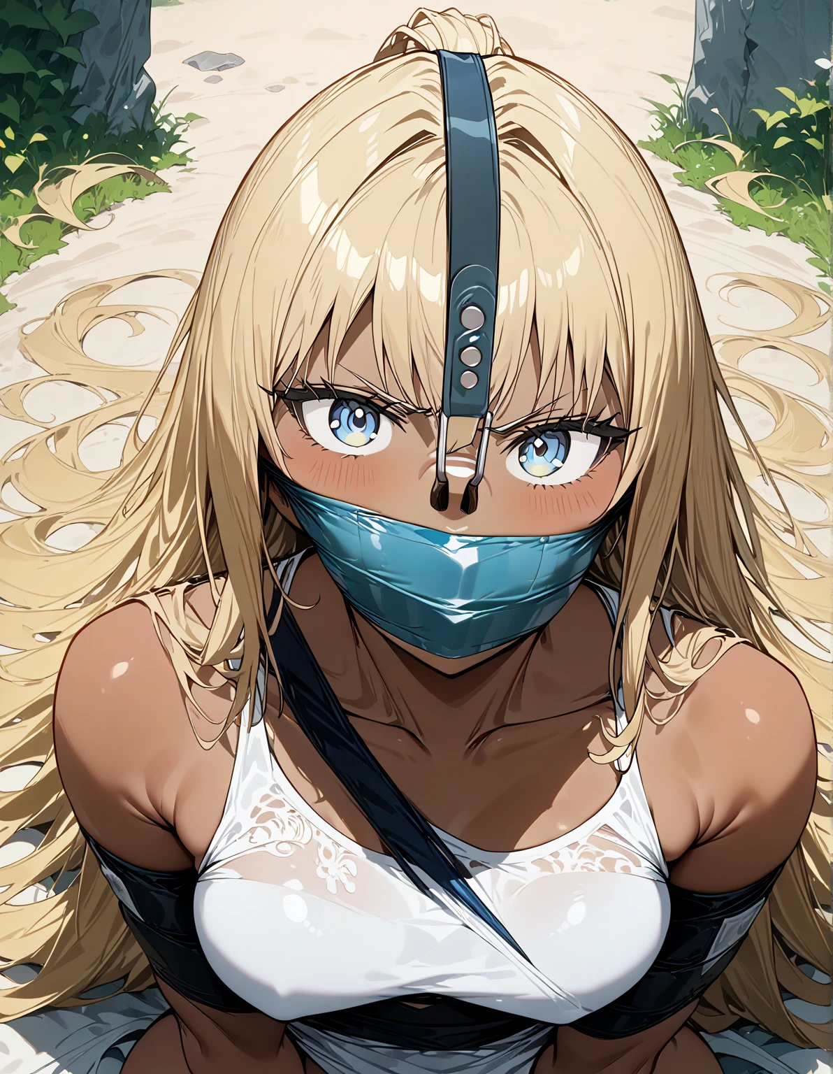 1 girls, (detailed light blue eyes, lange wimpern, detailed beautiful face:1.2), 4k quality, (Long blonde hair:1.5), (arms behind back:1.3), (big breasts:1.6), (blushing:1.3), long hair, middle parting, (black and White Dolphin shorts, black Shirt, black tight highs with two White stripes, 18 years old:1.5), (bondage:1.3), pralle Brüste, OTN, White Gag, gagged, (liegend:1.7), (laying in the sand on a beach near the water:1.6)