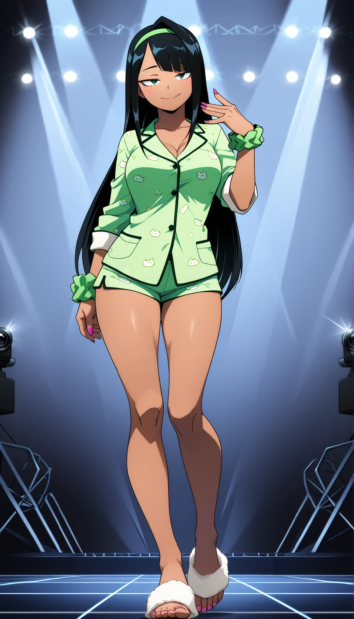 ((Highest Quality)), (fashion runway background), 1girl, full body, standing, breast, thighs, smile, seductive, half-closed eyes, dark skin, green eyes, black hair, very long hair, side bangs, single hair intake, gyaru, wrist scrunchy, green hairband, Full body, My Hero Academia Style, In the middle of a fashion runway, a fashion runway, posing in green pajamas, camera flashes, at night, on stage, walking on stage, Flirty pose,