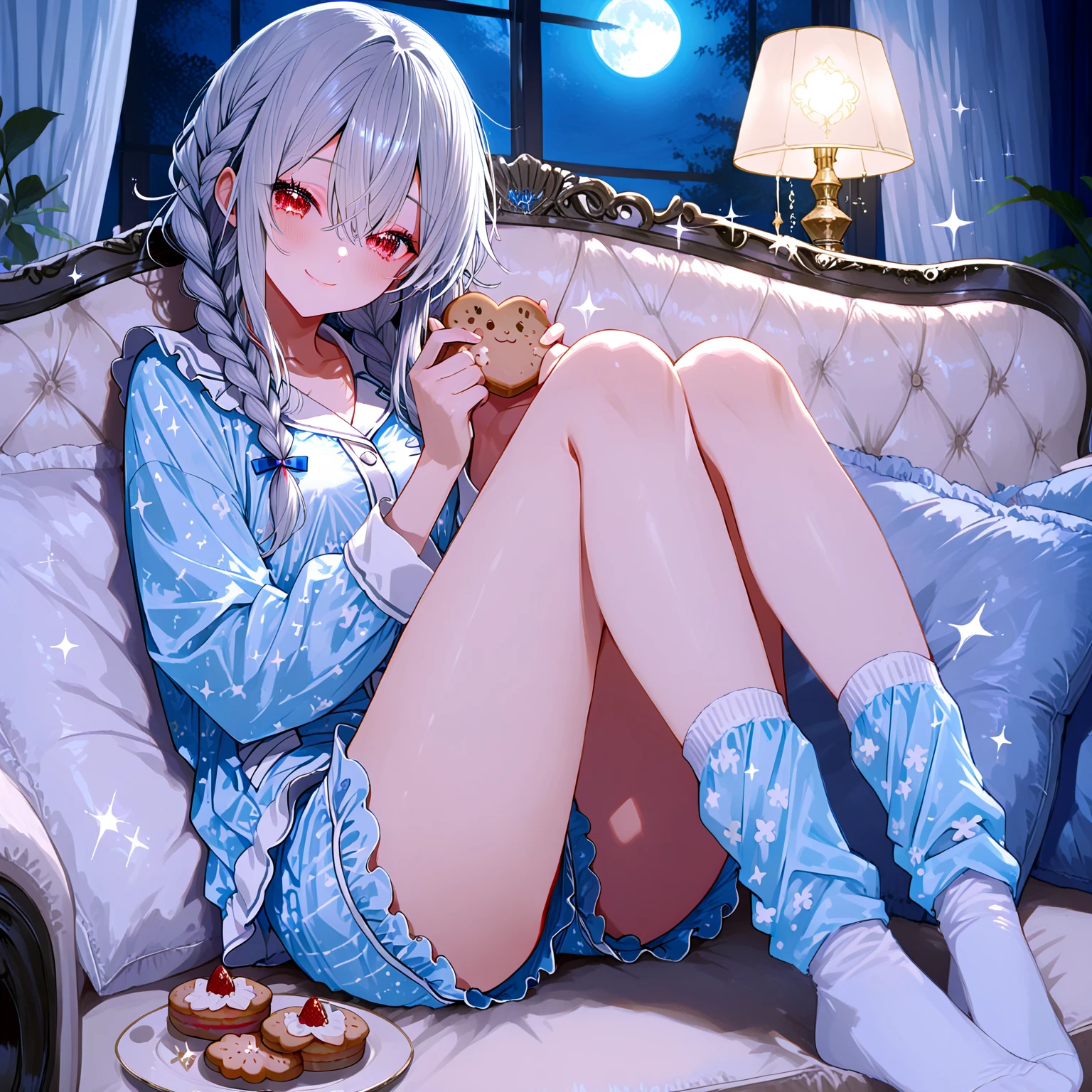 Anime, 1girl, backside view, white hair, sectoral heterochromia (one blue eye and one white eye).., blue eyes, glowing eyes, fishnet leggings, white winter sweater, mini-skirt, white underwear, slight smile, blush, cozy house, fireplace, white neck bow, white fox ears, black tight leggings, blue glowing, bedroom, back view, pillows, steaming hot cocoa, candy cane, lit candles, chocolate bar, lying down,