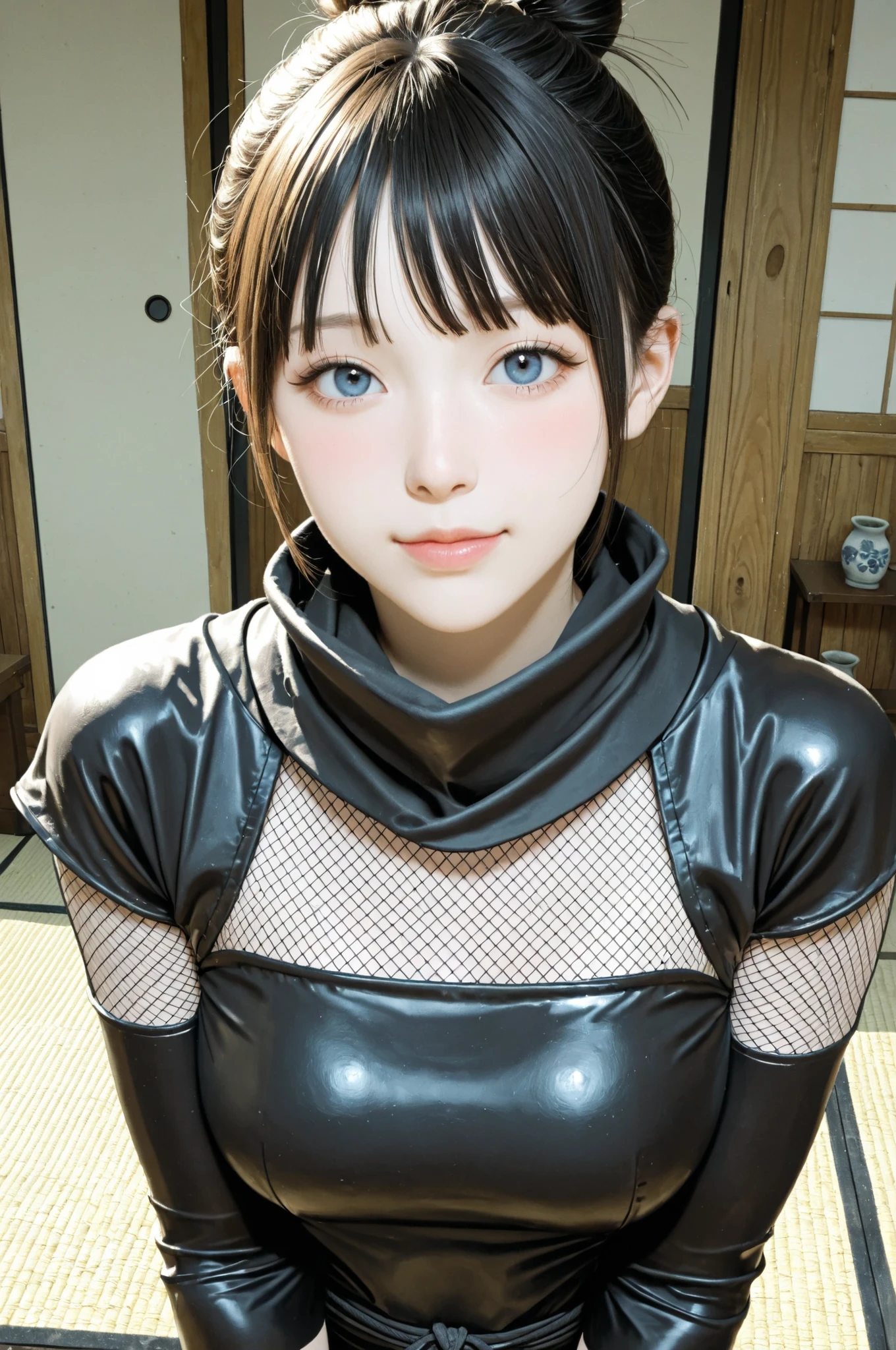 ((masterpiece)), ((Highest Quality)), anime style illustration,
An impressive girl with super short hair — her bangs are straight、Her back is neatly trimmed,
Her hair has a soft metallic sheen, with a soft metallic luster,
She has bright crystal blue eyes and white skin, pottery skin,
Her expression is calm and mysterious, Her gaze is sharply focused,
lighting with a soft metallic luster highlights the texture of her hair and the transparency of her eyes,
Minimal Background, with a soft metallic sheen focus on her unique hairstyle and Scandinavian beauty、(((ninja))), (The clumsy young female ninja (Kunoichi) Fishnet Bodysuit, she wears a traditional Kunoichi outfit, Wear black, Japanese tatami room