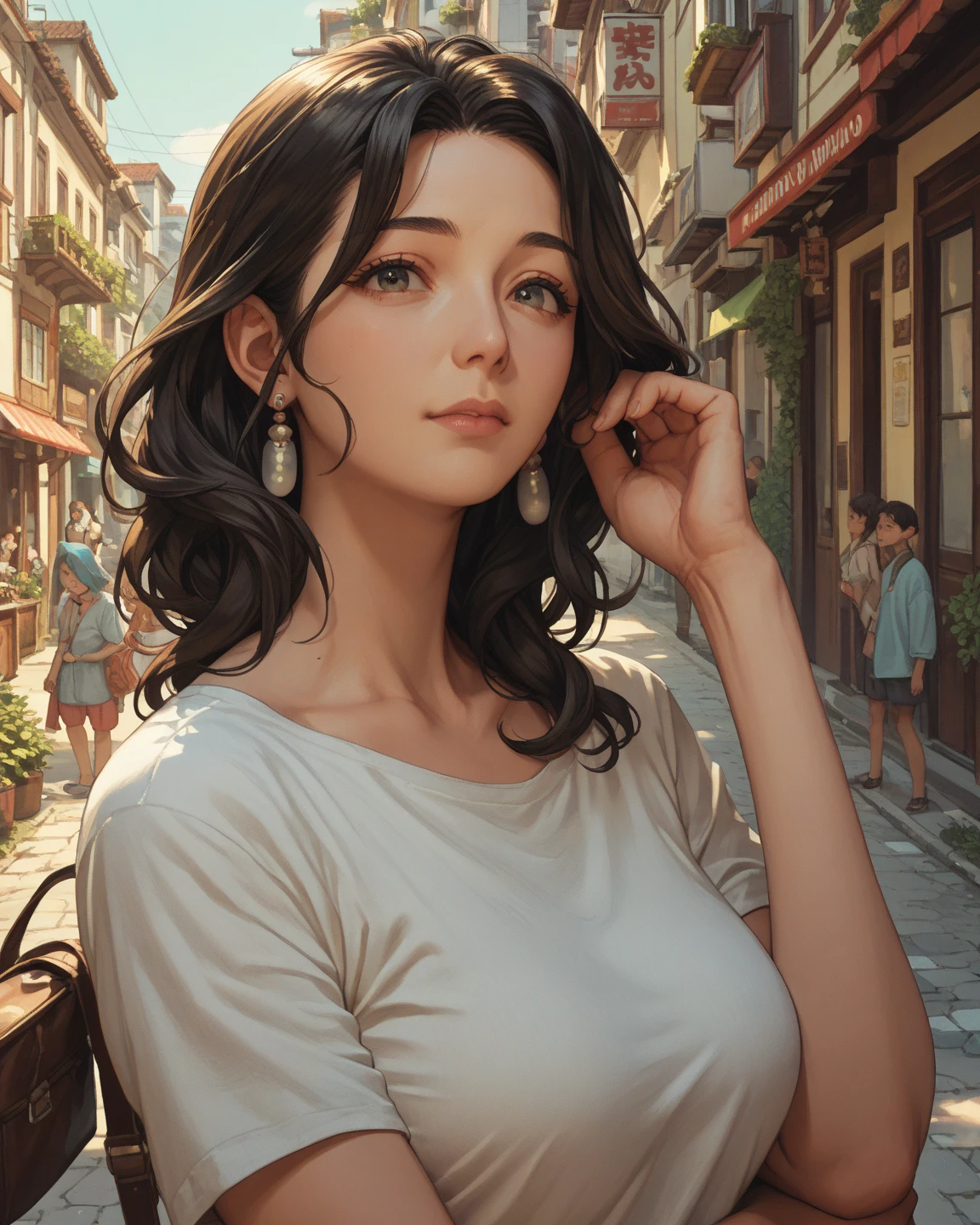 (une jeune fille)),((long curly black hair)),yeux bleus cristallins,sportive (((maquillage naturel,peau radiante,CORPS SEXY,peau douce,enchanteur))),((manteau rouge, clivage, white tank top, short court)),gros cul rond,arched back,pose sexy,((souriant joyeusement)),((texture de peau ultra réaliste)),((dans une rue))),profiter,Haut du corps,chef-d&#39;artwork,realistic face,8k,yeux parfaits,Fujifilm XT3,Heure d&#39;or,85mm,Best quality,high resolution