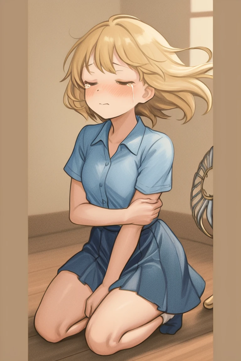 score_9, score_8_up, score_7_up, ymir fritz,1girl, solo, hairband, blonde hair, bangs, blue eyes, medium hair,shaded face,white dress, short sleeves, room, giantess, from bellow, looking down, grab, grabbing