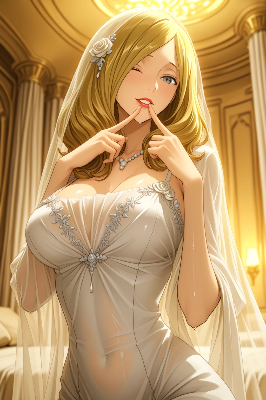 wedding dress, long blonde hair, sitting, hourglass figure, huge breasts overflowing cleavage, (background black couch, detailed walls, crowd behind, warm light), realistic,