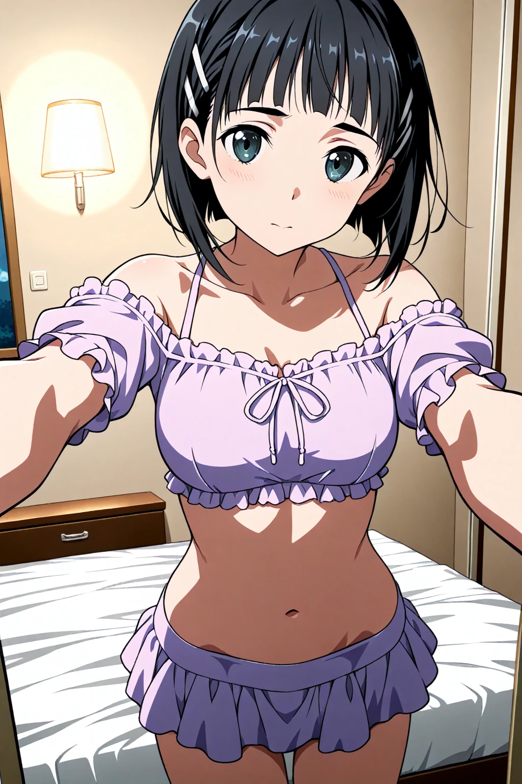 By Shinkai Makoto、Your name is。、女の子1人、bangss、A dark-haired、Longhaire、red blush、Purple eyes、Looking at the camera、negative space、a room,、undergarment、ssmile、独奏、The upper part of the body、A sexy、Versatile poses
