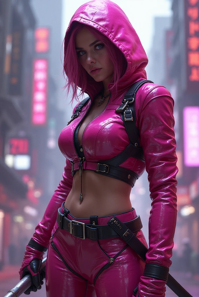 Better image , HDR , ultra resolution , 8K image , Tall red-haired woman 22 years old. , dark skin , Red hair , thick thighs , shows bare breasts, erect nipples, sexy arab ninja outfit , light pink clothes , wet lips , on the streets . cyborg arab ninja sensual