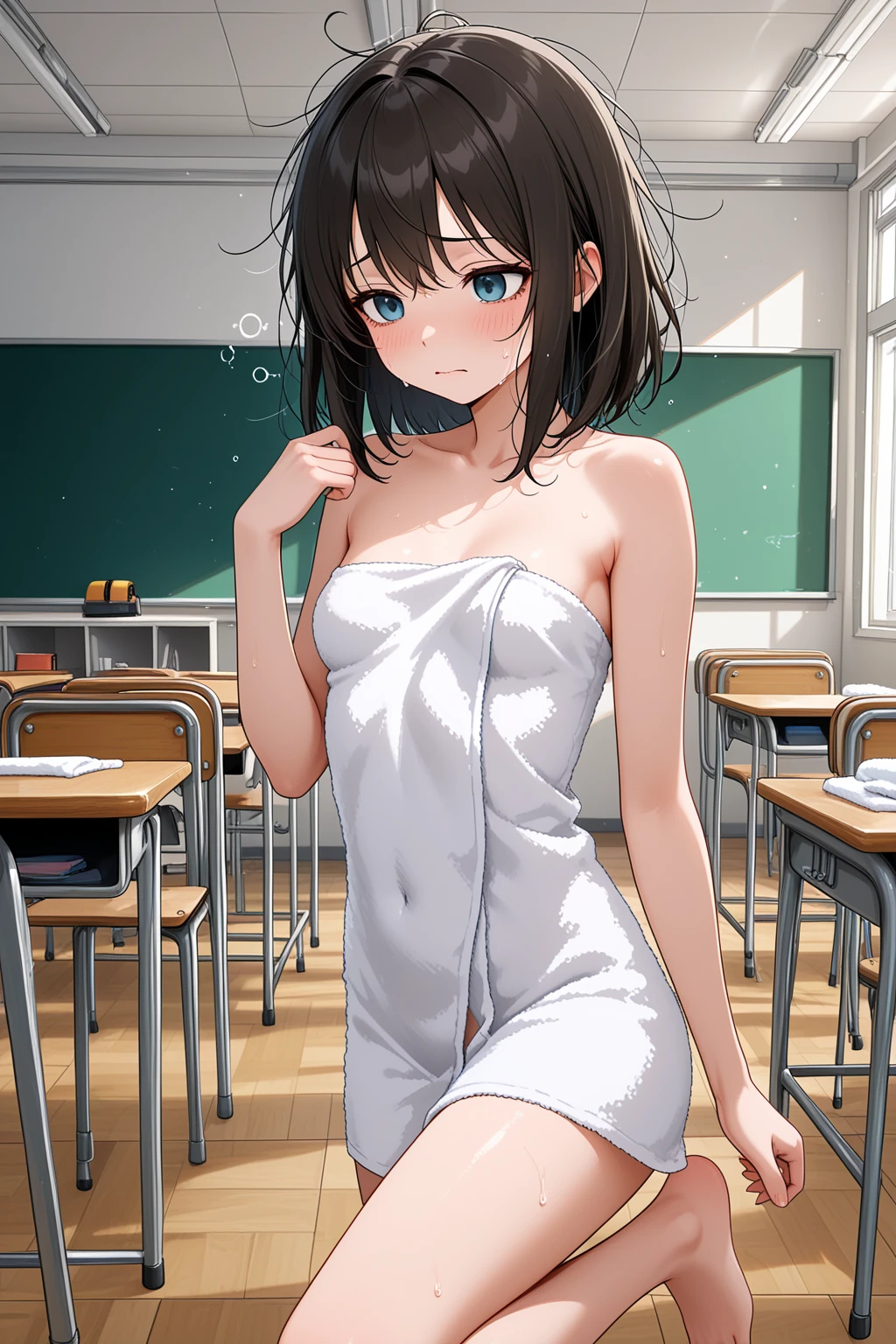 masterpiece,Highest quality,Super quality,School classroom,Cool female student,Short Hair,Black Hair,Hidden,Getting naked,Gather your male friends and hold a photo session,Nipples,pubic hair,Pussy,Detailed face,Natural Lighting,Excited