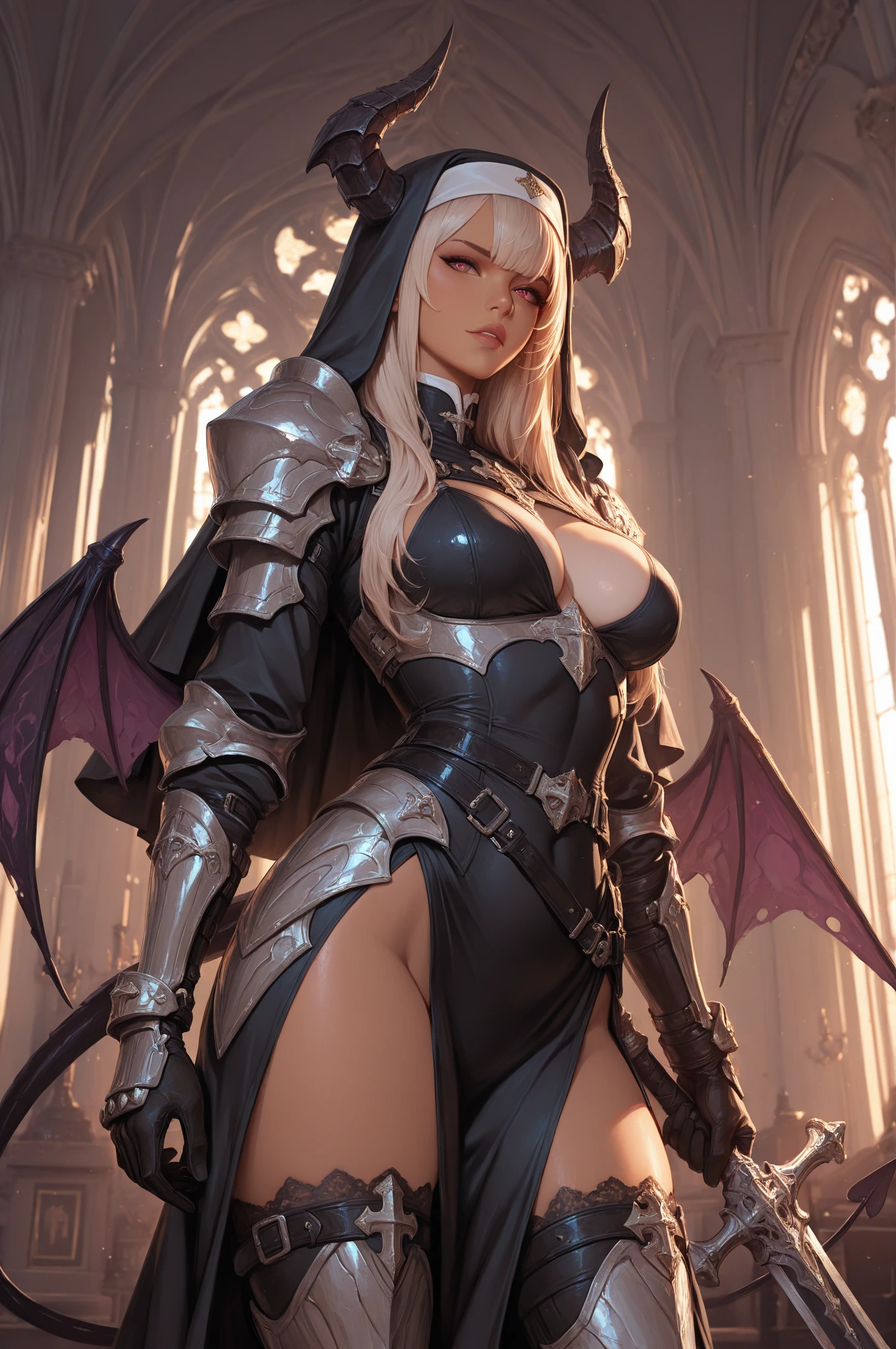 From below, pussy focus, ashe, overwatch, AsheOver warrioress, legs spread wide open, long white hair, action stance, sexy, naked, nude, white pubic hair, white pubic bush, claws, fangs, armoured shoulder pauldrons, demonic presence, combat stance, vibrant appearance, creative behavior, menacing, evil smile, imaginative, sensual, spontaneous, highest quality, skin texture, intricate details, (cinematic lighting), RAW photo, 8k, under moonlight, nightmarish, full moon, firestorm, debris