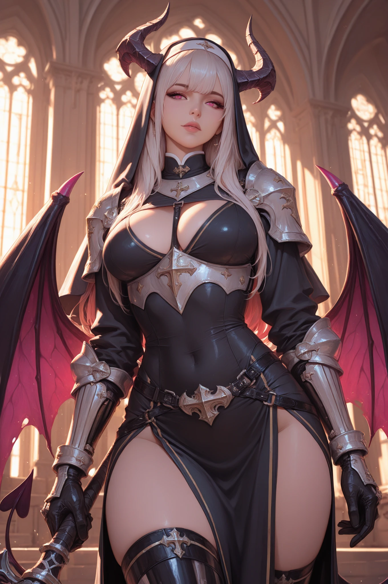 score_9, score_8_up, score_7_up, score_6_up, score_5_up, score_4_up, source_anime, 1girl, (pale skin:0.8), white hair, (long hair, straight hair), purple eyes, horns, demon horns, black hood, (ornate armor), strapless, cleavage, midriff, zettai ryouiki, curvy, huge breasts, wide hips, greaves, sitting, spread legs, dishwasher1910