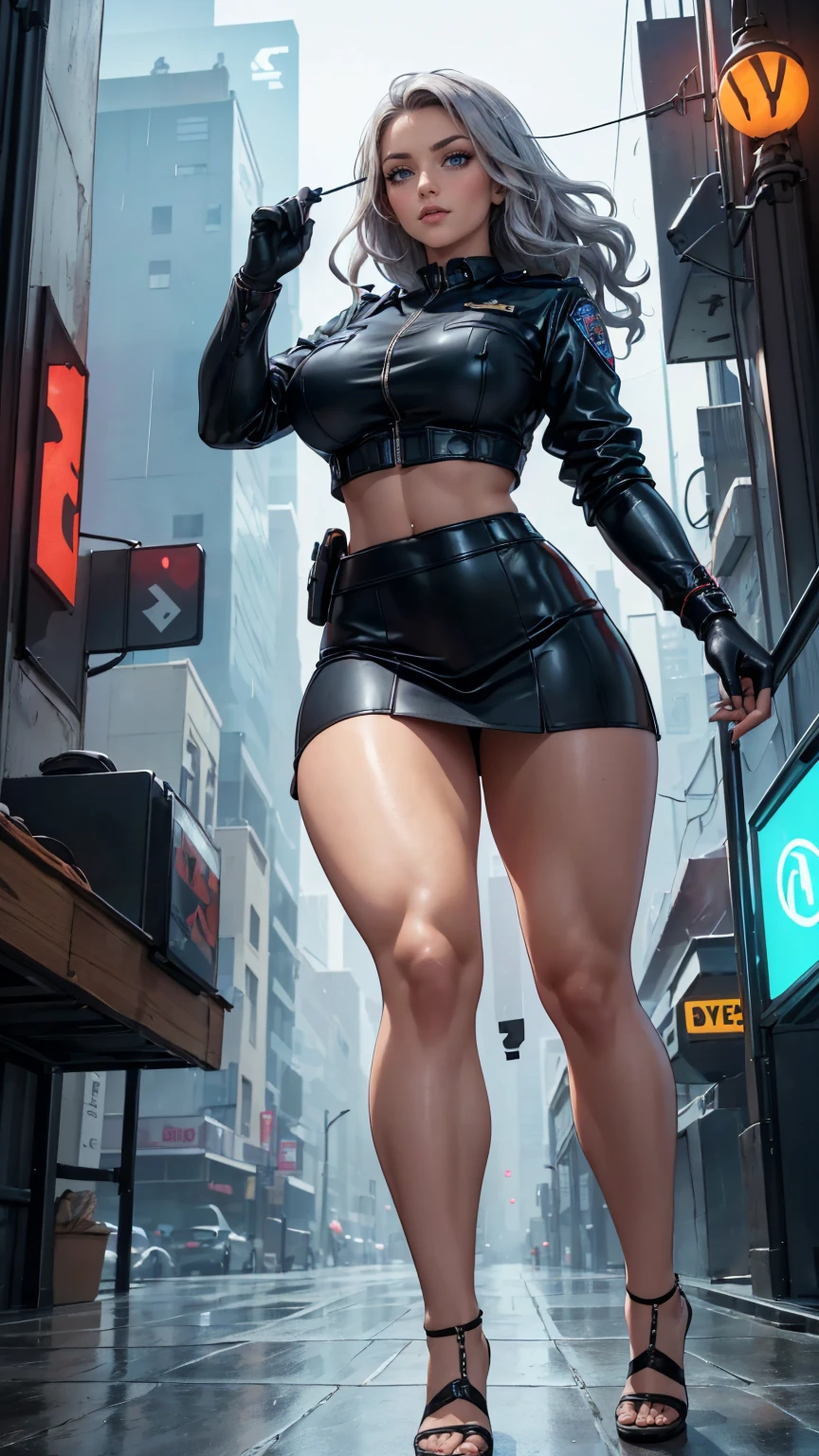 Hyperrealistic version of a woman giant. A giant woman in a bikini lying on top of a cyberpunk city, Little guys running around the giant girl, Standing on her hand, cgsociety 9, 2. 5 d cgi fantasy art, engine rendering unreal + a goddess, full body cgsociety, artgerm ; Hyper realistic 3d content, giant art, super detailed 3d matte paintings, super detailed 3d matte paintings, realistic fantasy art, realistic 3 d anime style. Beautiful girl. Big thighs."The little people stood on the top of a high-rise building waving to the girl".Wear short skirts.