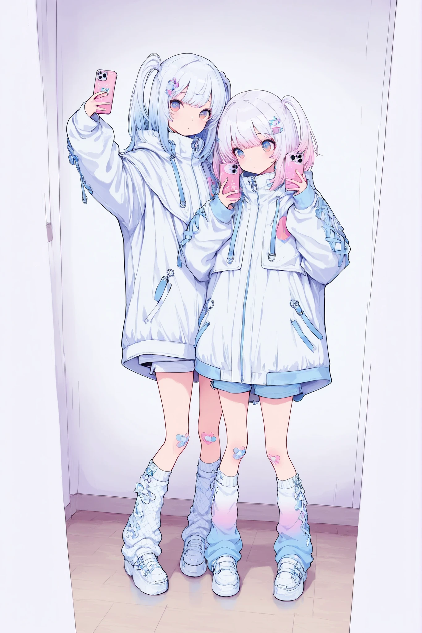 cyberstyle,2girls,side-by-side,oversized jacket,white jacket,shorts,leg warmers,shoes,band-aid on knee,Near Future Design Fashion
cute,kawaii,standing,smartphone,holding smartphone,selfie,
BREAK hypercute style,perfect composition,eye reflection,gradient eyes,masterpiece,best quality,amazing quality,adorable,