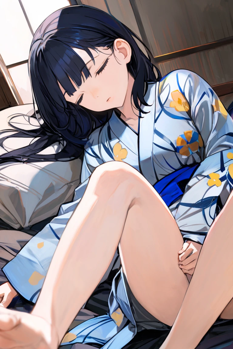 One Girl, alone, Watching,
araragitsukihi, hair ornaments,short hair, Ahoge, Open the box,Large, fluffy kimono,Full view of breasts,Blue kimono, egg hair ornaments, Parted bangs,,Pussy in full view,Sweat,Open the slit,anger,blush, Open your mouth,((Covered in semen))