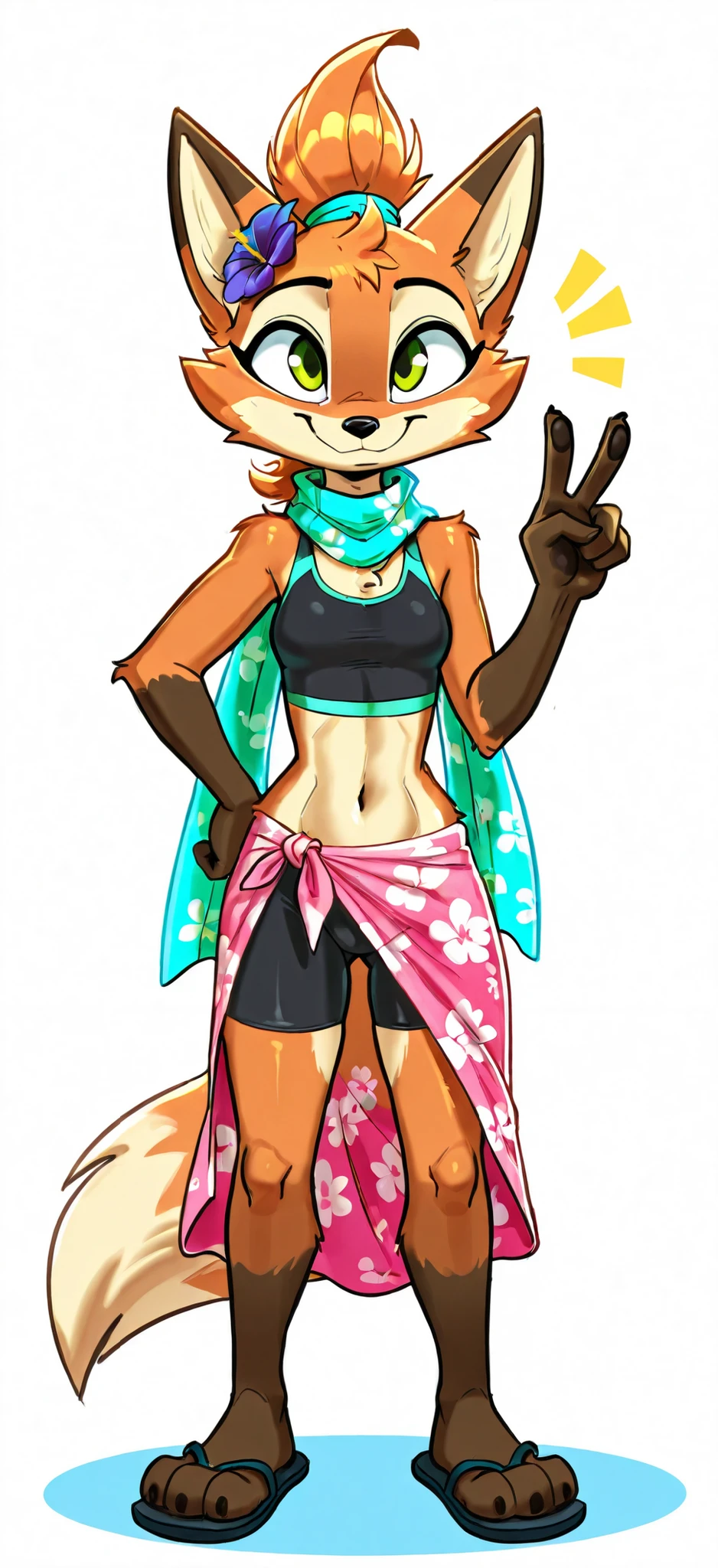 score_9, score_8_up, score_7_up, 1girl, source furry, absurdres, masterpiece, best quality, amazing quality, siroc, solo, dynamic angle, fleetfox, furry, fox, orange fur, green eyes, female, short hair, spiky pointed bangs tuft, fleetSummer, black tankini, midriff, black bike shorts, navel, scarf with flower pattern, pink sarong, flip flops, full body, feets with three toes, small breasts, ponytail, side view, smile, standing, v, peace sign with one hand, one hand on hip, white background, simple background, front view,