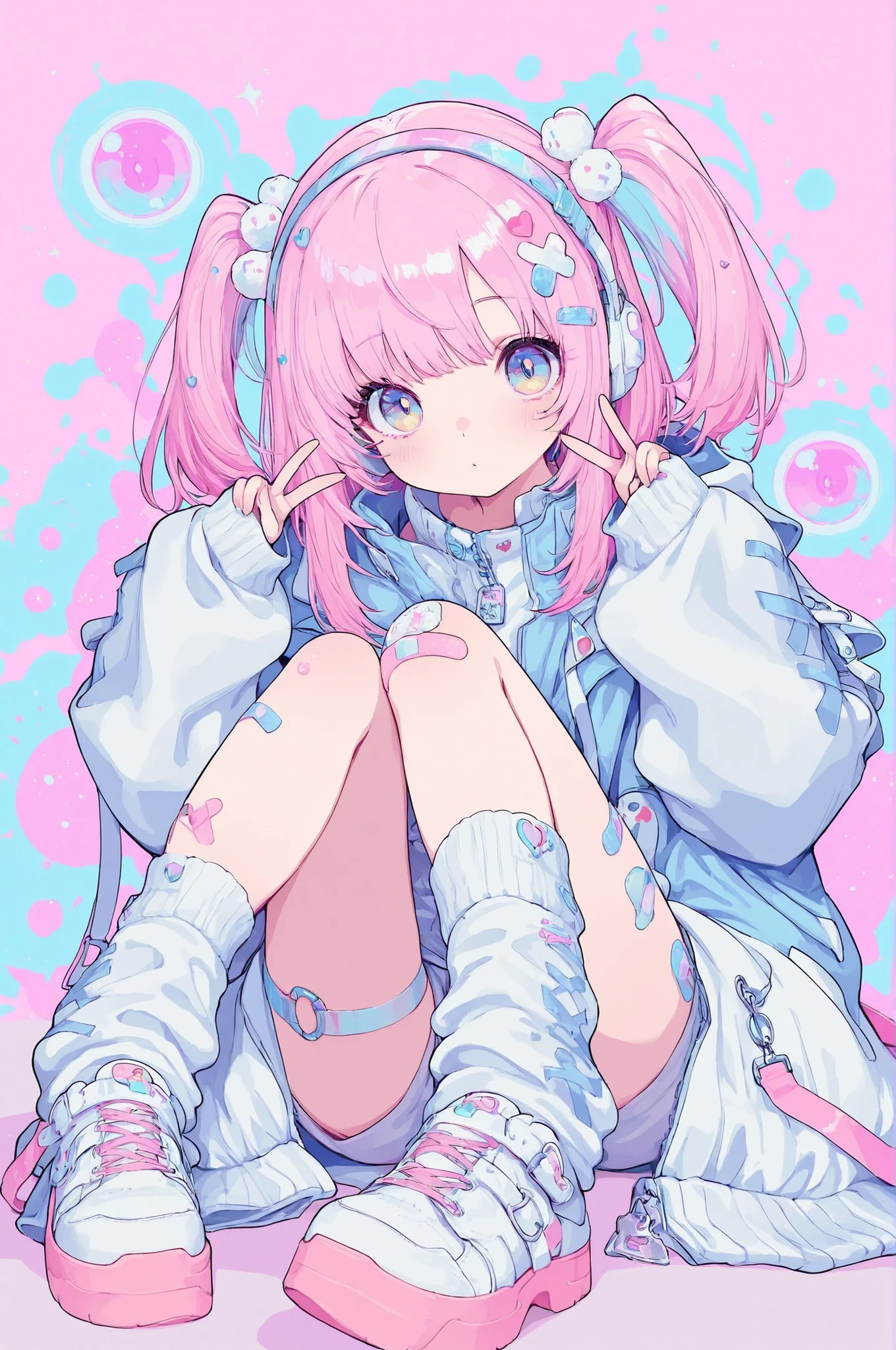 cyberstyle,1girl,solo,oversized jacket,white jacket,blue jacket,shorts,leg warmers,shoes,band-aid on the knee,Near Future Design Fashion
cute,kawaii,sitting,double peace,
BREAK hypercute style,perfect composition,eye reflection,gradient eyes,masterpiece,best quality,amazing quality,adorable,