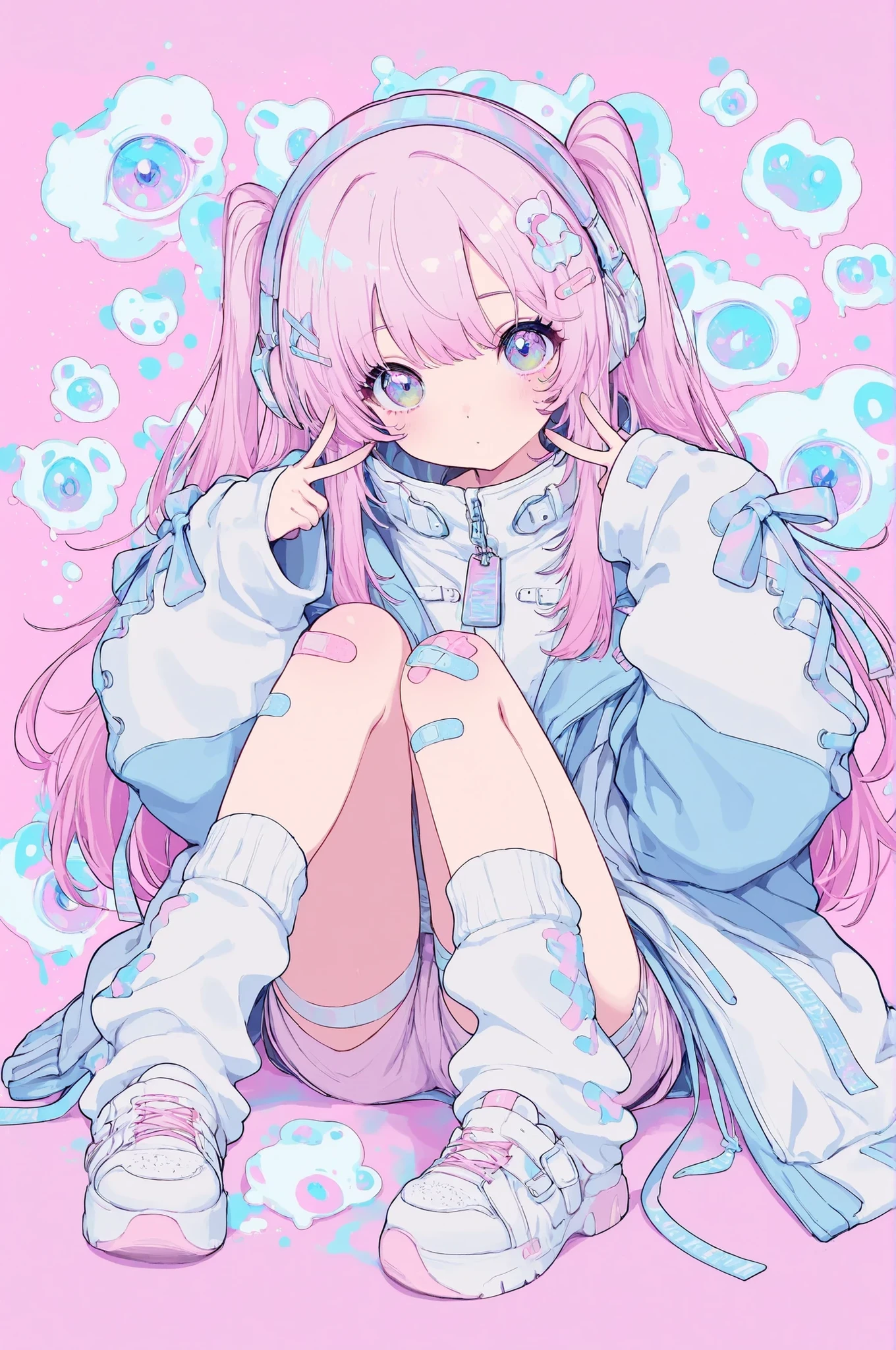 cyberstyle,1girl,solo,oversized jacket,white jacket,blue jacket,shorts,leg warmers,shoes,band-aid on the knee,Near Future Design Fashion
cute,kawaii,sitting,double peace,
BREAK hypercute style,perfect composition,eye reflection,gradient eyes,masterpiece,best quality,amazing quality,adorable,