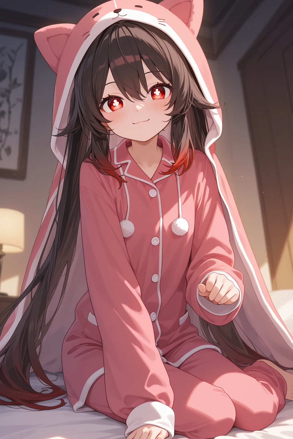 (Kigurumi pajamas style) (18 yo, solo straight:1.2 black hair long hair sexy girl, cute red eyes, love smile, big tits), (hand holding a biggest shape of number 0:1.5 for chocolate), (in a Kumamon hooded kigurumi pajamas), break, in the lovely bedroom of Kumamoto, BREAK, masterpiece, best quality, 16k, beautiful detailed grow, daydreaming expression.