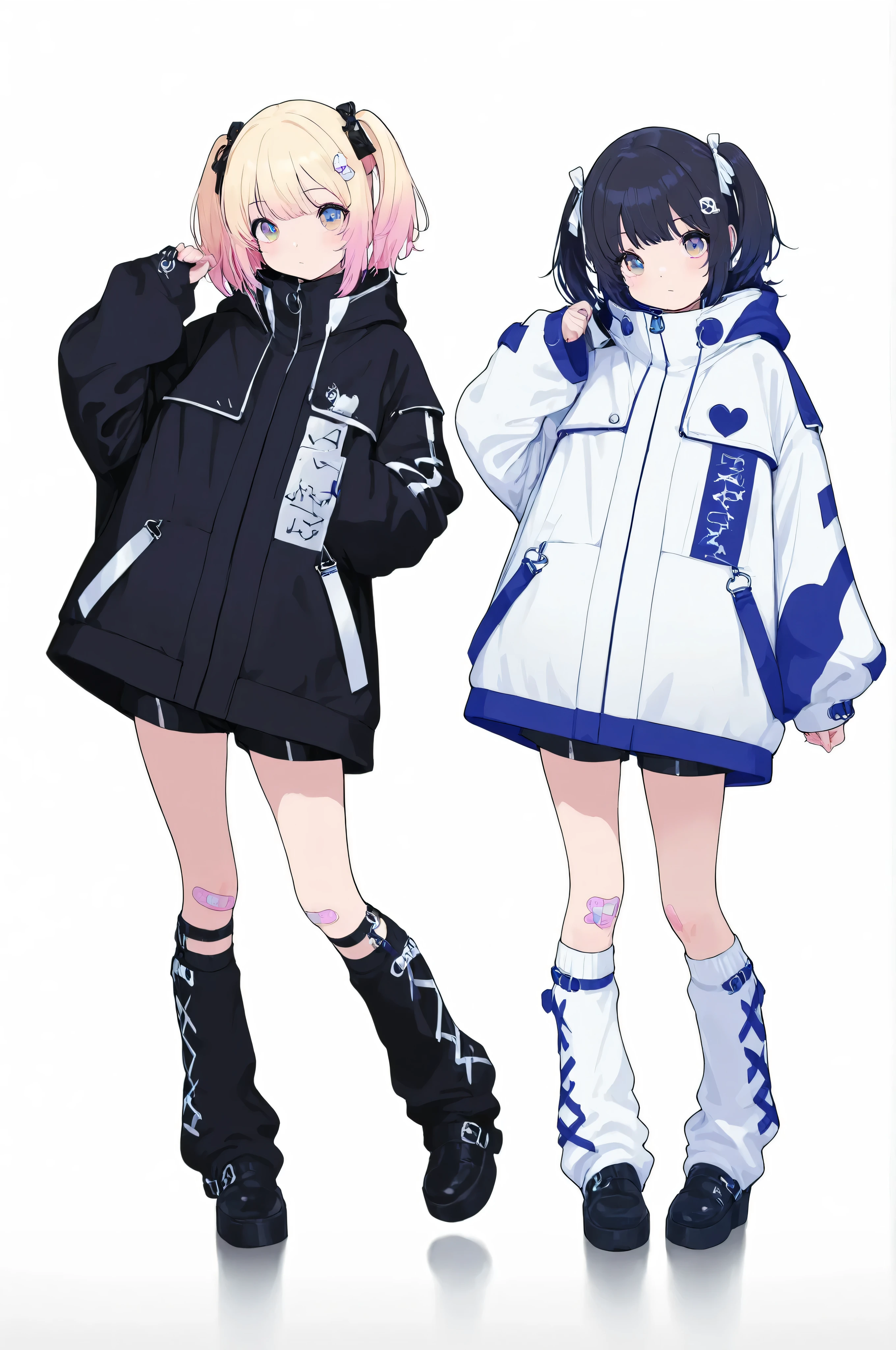 cyberstyle,2girls,side-by-side,oversized jacket,white jacket,blue jacket,shorts,leg warmers,shoes,band-aid on knee,Near Future Design Fashion
cute,kawaii,standing,
BREAK hypercute style,perfect composition,eye reflection,gradient eyes,masterpiece,best quality,amazing quality,adorable,