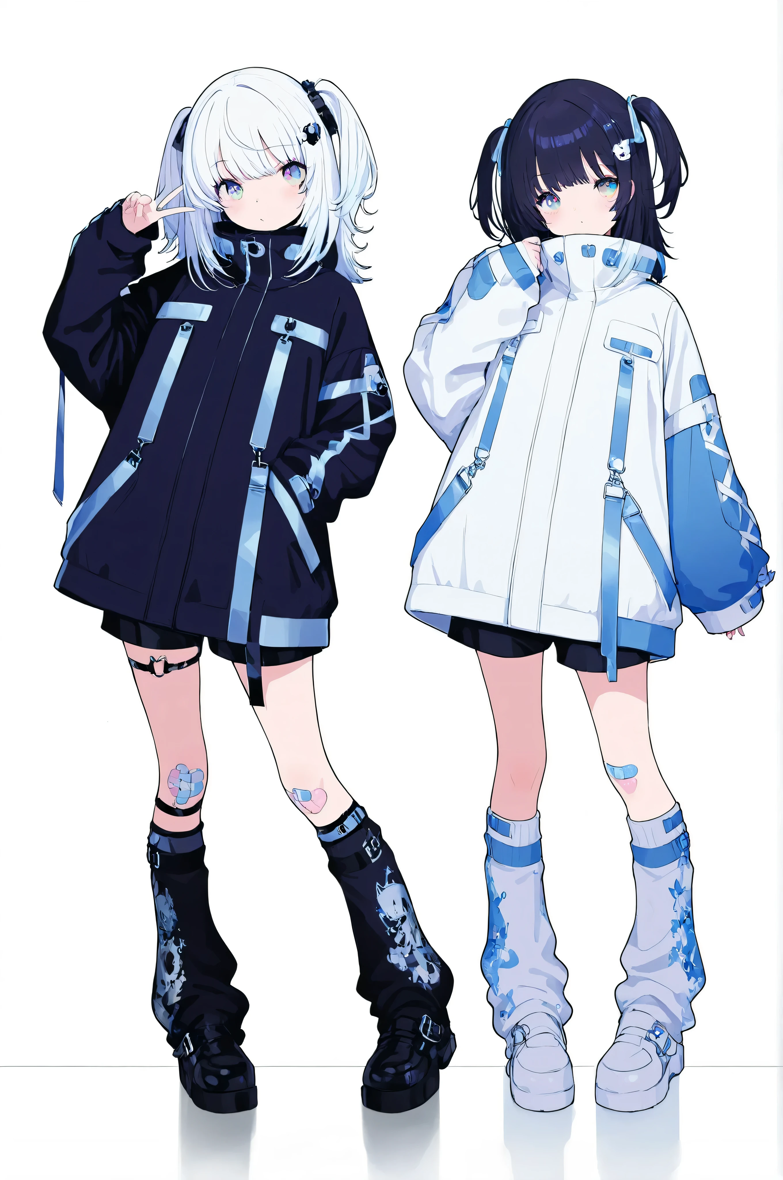 cyberstyle,2girls,side-by-side,oversized jacket,white jacket,blue jacket,shorts,leg warmers,shoes,band-aid on knee,Near Future Design Fashion
cute,kawaii,standing,
BREAK hypercute style,perfect composition,eye reflection,gradient eyes,masterpiece,best quality,amazing quality,adorable,