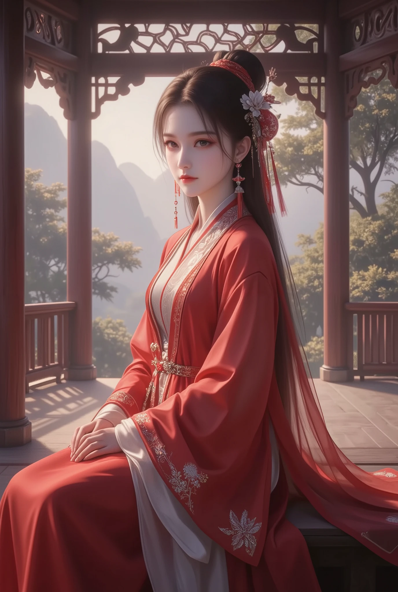 A young woman in a simple red antique Chinese dress sitting at the pavilion, full body