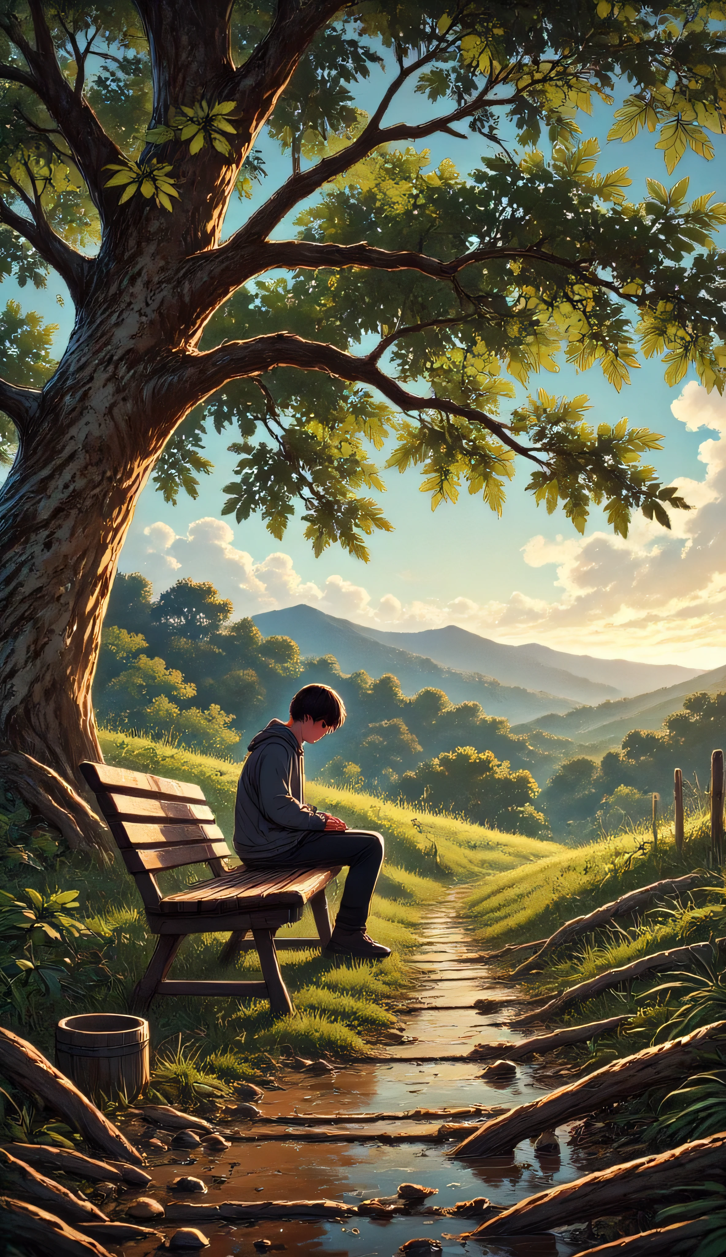 A solitary figure sits on a weathered wooden bench beneath an oak tree, head bowed in deep prayer, illuminated by gentle sunrise filtering through branches, light blue sky, atmosphere of quiet contemplation, cinematic composition, moody photography, deep shadows, 85mm lens, soft focus, ultra-detailed, emotional depth