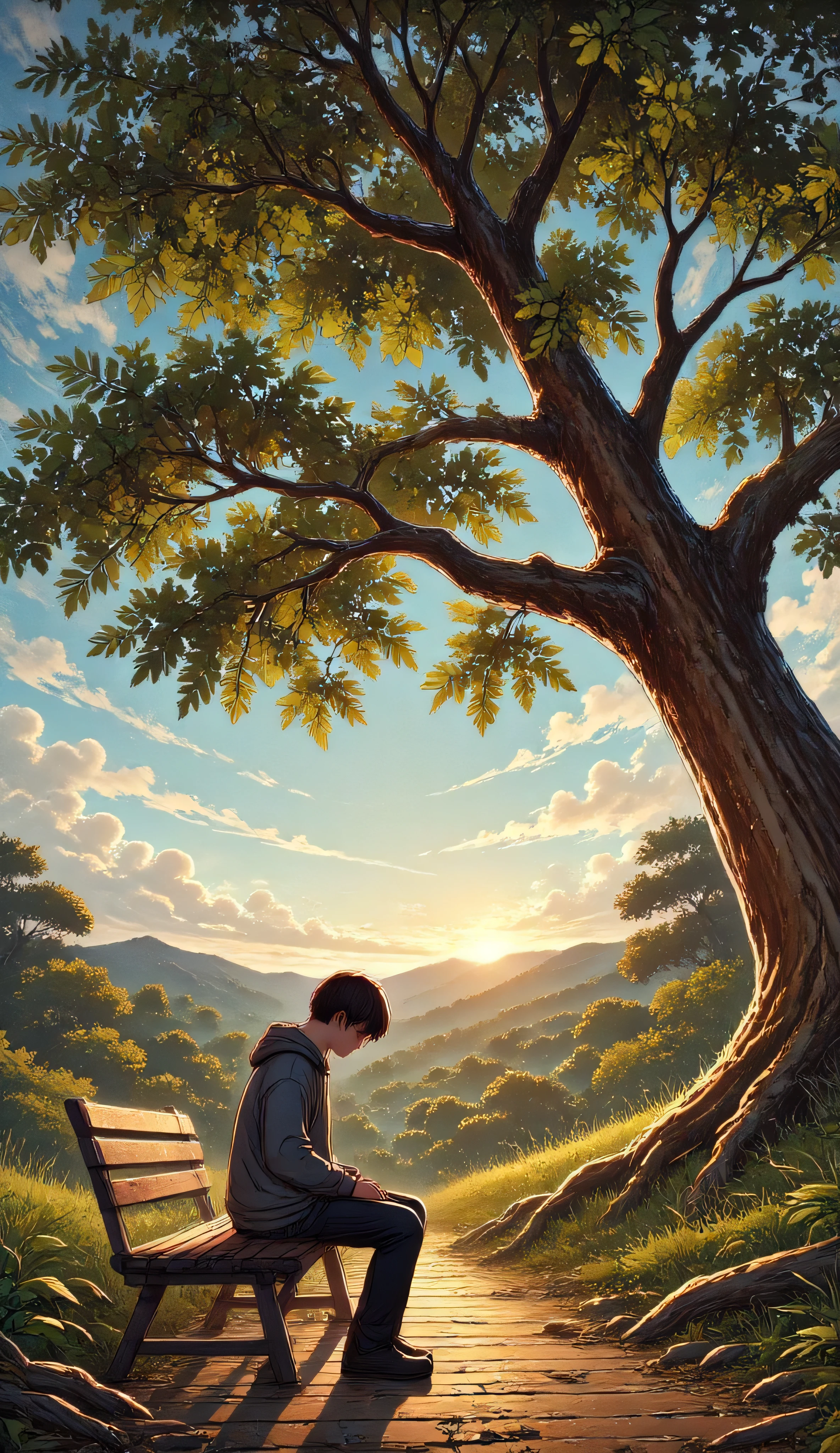 A solitary figure sits on a weathered wooden bench beneath an oak tree, head bowed in deep prayer, illuminated by gentle sunrise filtering through branches, light blue sky, atmosphere of quiet contemplation, cinematic composition, moody photography, deep shadows, 85mm lens, soft focus, ultra-detailed, emotional depth