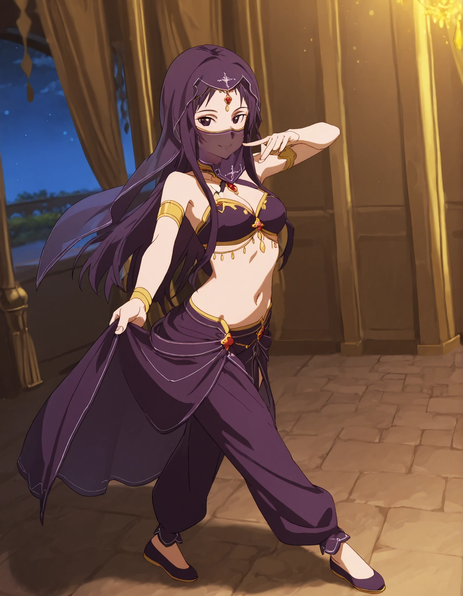 (1girl:1 . 5) , (Seul:1 . 5) , score_9 , score_8_haut , score_7_haut , source_anime , Official work , ultra-detailed , masterpiece , best quality selfie snapshot , high res , beaux yeux , detailed eyes , detailed face , beautiful detailed eyes ,Sword Art Online, Fanatio Synthesis Two,Arabian Clothes , Arabian Dancer ,belly dancer costume ,full body,mouth veil, golden jewelery,armlet, belly dancing,night,arabian garden, seductive smile, dancing with veil, dynamic movement,dance posture, seductive pose