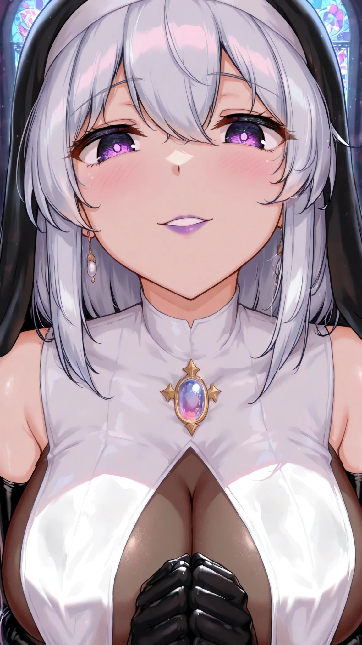 (masterpiece, best quality:1.4), <lora:shirosousuv1:0.7>, 1girl, breasts, sakamata chloe, solo, virtual youtuber, tongue out, tongue, cleavage, large breasts, grey hair, collar, black collar, sweat, multicolored hair, long hair, streaked hair, collarbone, braid, black hair, upper body, nail polish, bare shoulders, heart, frills, smile, 5 fingers, red eyes