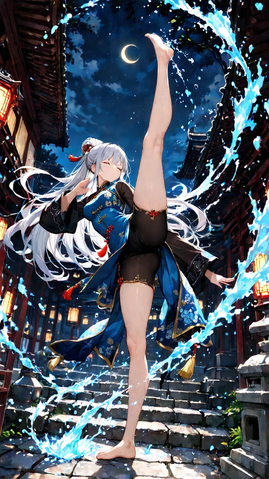 (best quality:1.2),1girl,solo,standing_split,full body, A photo of a Japanese woman in her twentieade of shiny white and silver translucent glass and plastic, Geisha makeup and hairstyle, Silver metal interior, dynamic poses, flowing organic structure, Glowing golden circuit, colorful neon decoration, light emitting circuit, neon decoration, Depth of field focus f/2.8, H's Art.right. jiger, Greg rightutowski