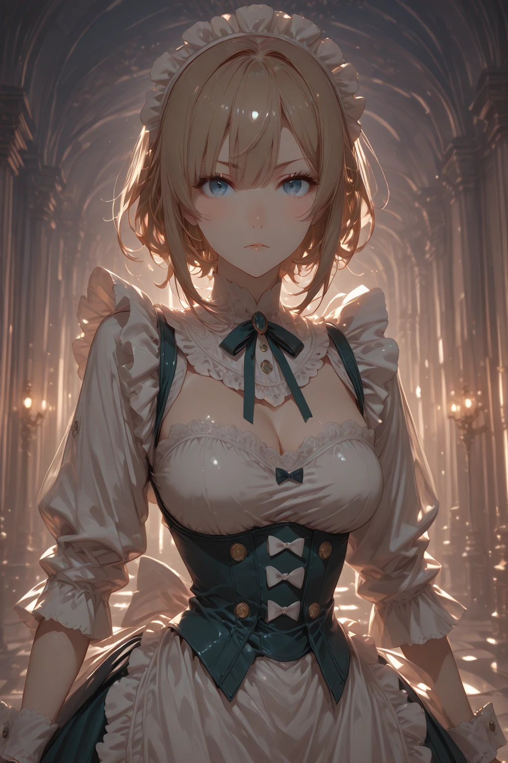 Please follow the all prompts below exactly and faithfully, This is a breathtaking masterpiece of digital illustration, with maximum resolution, UHD, 512K, 2160p, 10 million ppi, 300 million dpi, natural color tones, ultra sharp details, perfect outlines with contrast, ((smooth, soft and clearly and most realistic skin and hair texture)), most beautiful detailed eye features, perfect anatomically correct human body, beautiful background with depth, rule of thirds, depth of field, Maximize all element is used to its full potential to create the best digital illustrations, 1woman, sexy, 25years old, beautiful face sharp, elegant woman, Ultimate perfect body style, beautiful beautiful big breasts, Maximize upturned breasts, green eyes, shiny blonde hair, short hair, bob cut, (eyes visible through hair:1.3), glossy very thick lips, pink lipstick, smile:1.5, A long, flowing gown with a halter neck and intricate lace details on the bodice. The gown is made of lightweight chiffon fabric, with a fitted waist and a floor-length skirt that has a subtle train. The back of the gown features a keyhole cutout.
