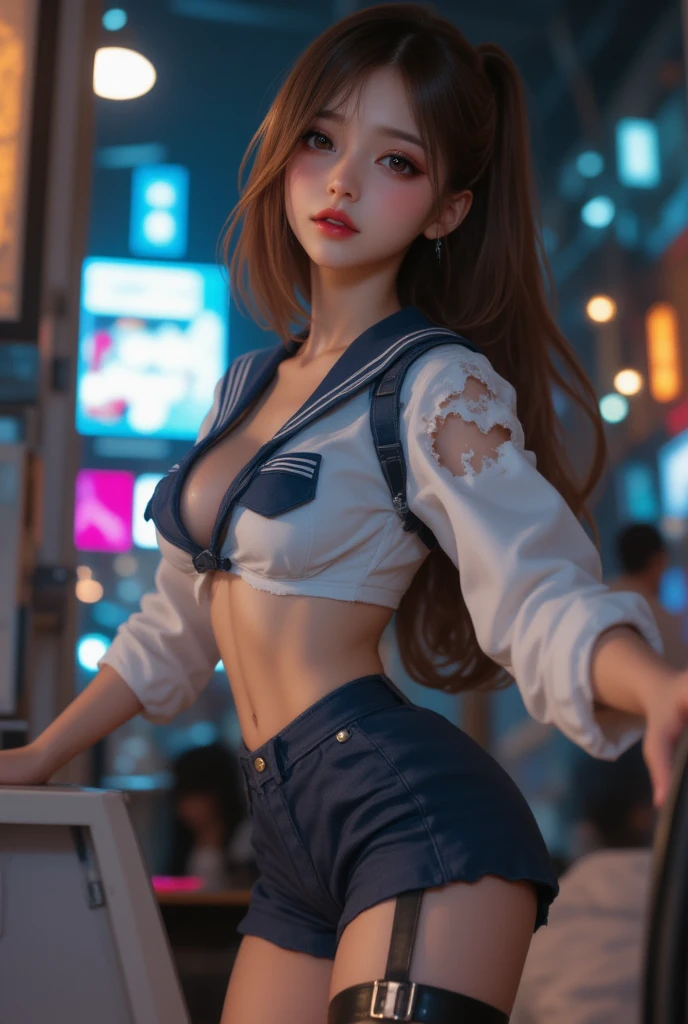 sailor suit, full body photos, first person perspective, delicate faces, delicate fingers, location rooftop, female students, neon lights, golden ratio figure, doyagao, hairclip, twintails, Surrealism, depth of field, anaglyph, Sony FE GM, emphasis lines, high detail, cinematic lighting, drop shadow, first-person view, highres, 8k, award winning, masterpiece, ccurate, high quality, anatomically correct, super detail, textured skin, 4K, retina