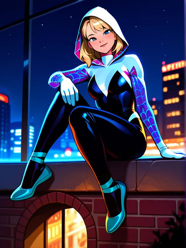 gwendolyn,short blonde hair, blue eyes, black bodysuit,spider web print, small breasts, looking at viewer,smiling, sitting, on sofa, inside a cozy living room, legs crossed, holding a cell phone, window, winter, night time, high quality, masterpiece, <lora:GwenDolyn_Stacy:.8>