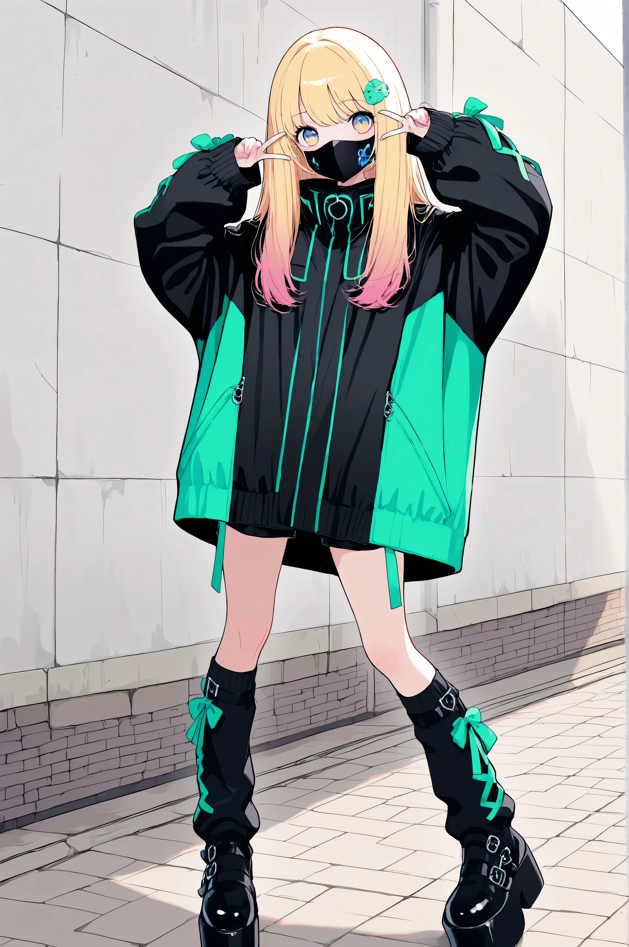 cyberstyle,1girl,gold hair,long hair,mask,black mask,solo,oversized jacket,black jacket,green jacket,shorts, leg warmer,boots,black jacket ,green line jacket,platform footwear, Near Future Design Fashion,cute,kawaii,
BREAK hypercute style,perfect composition,eye reflection,gradient eyes,masterpiece,best quality,amazing quality,adorable,