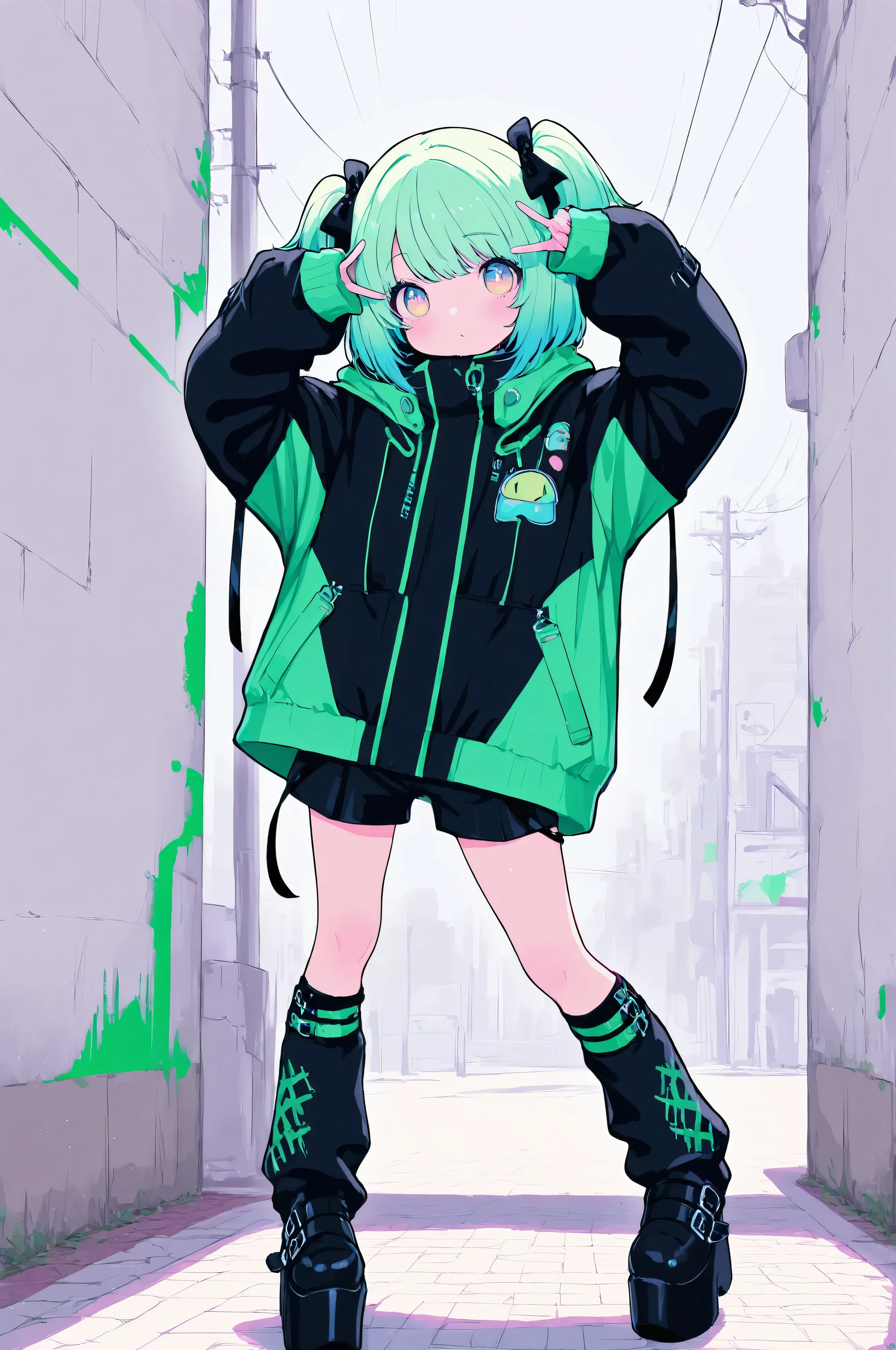 cyberstyle,1girl,solo,oversized jacket,black jacket,green jacket,shorts, leg warmer,boots,black jacket ,green line jacket,platform footwear, Near Future Design Fashion,cute,kawaii,
BREAK hypercute style,perfect composition,eye reflection,gradient eyes,masterpiece,best quality,amazing quality,adorable,
