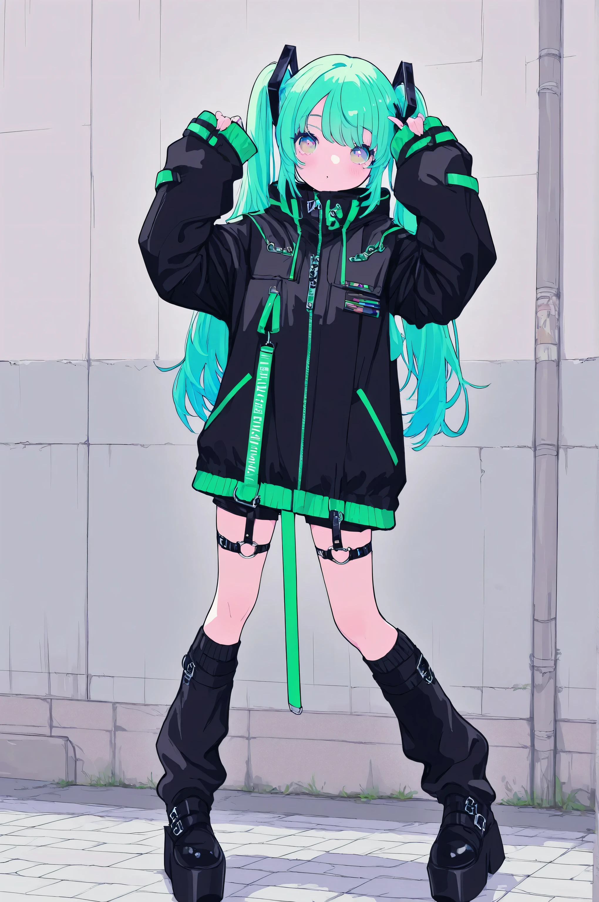 cyberstyle,1girl,solo,oversized jacket,black jacket,green jacket,shorts, leg warmer,boots,black jacket ,green line jacket,platform footwear, Near Future Design Fashion,cute,kawaii,
BREAK hypercute style,perfect composition,eye reflection,gradient eyes,masterpiece,best quality,amazing quality,adorable,
