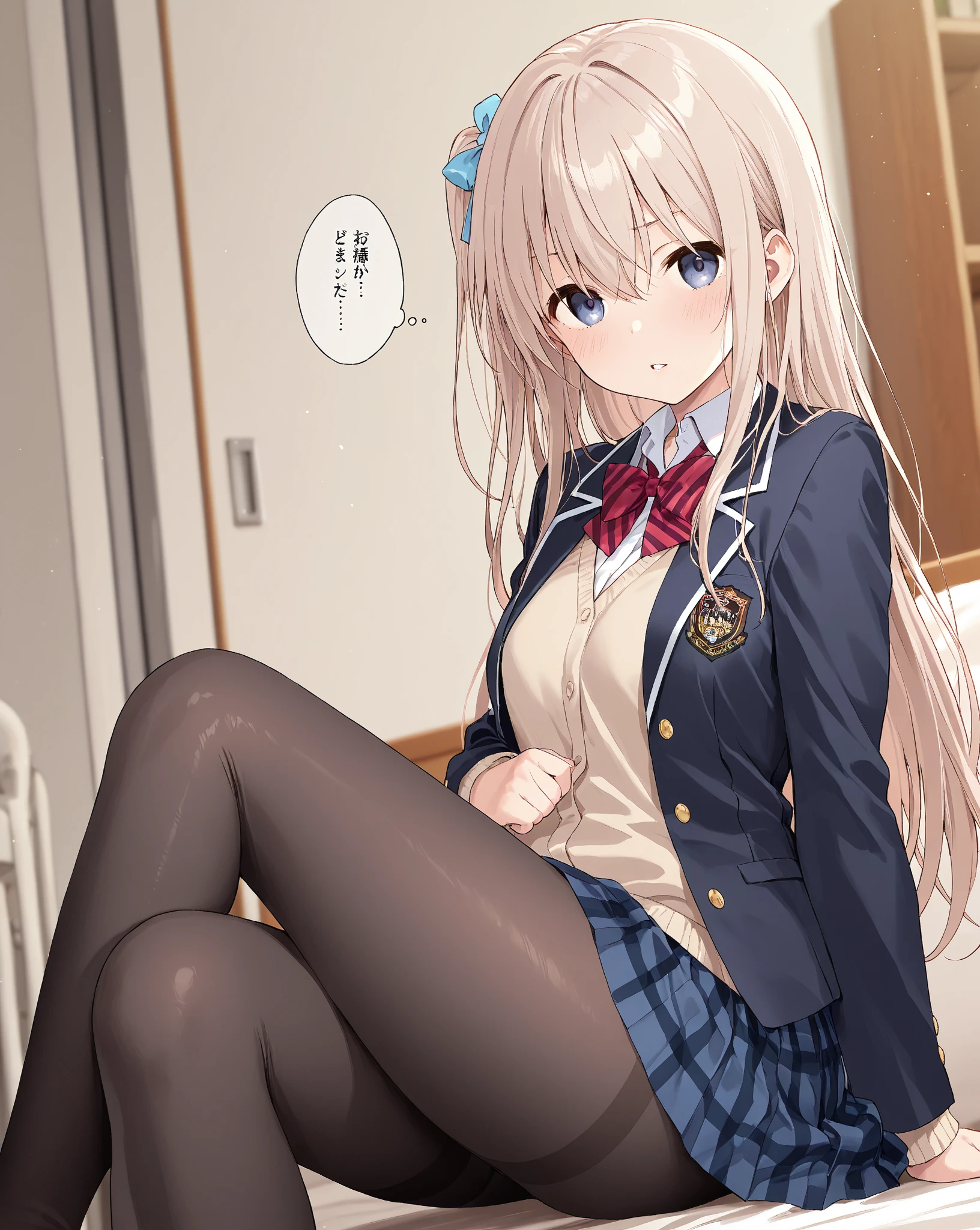 masterpiece, highest quality, High resolution, (1 Girl), masterpiece, highest quality, High resolution, senakashiwazaki, sena kashiwazaki, Blonde, Butterfly Hair Ornament, Long Hair, destroy cardigan, Checkered clothing, checkered skirt, Jacket, Long sleeve, tie, , shirt, skirt, Bedroom, bed, bed, bedroom, Spread your legs, panty shot, wedgie in underwear, (from below:1.5), Panty shot, Realistic Skin, Shiny skin, Glowing Skin, Sweaty Feet, Skirt up, (White panties:1.5), Highly detailed face, Perfect Sentence, Detailed CG, (Perfect hands, Perfect Anatomy), (Embarrassed look:1.5),
