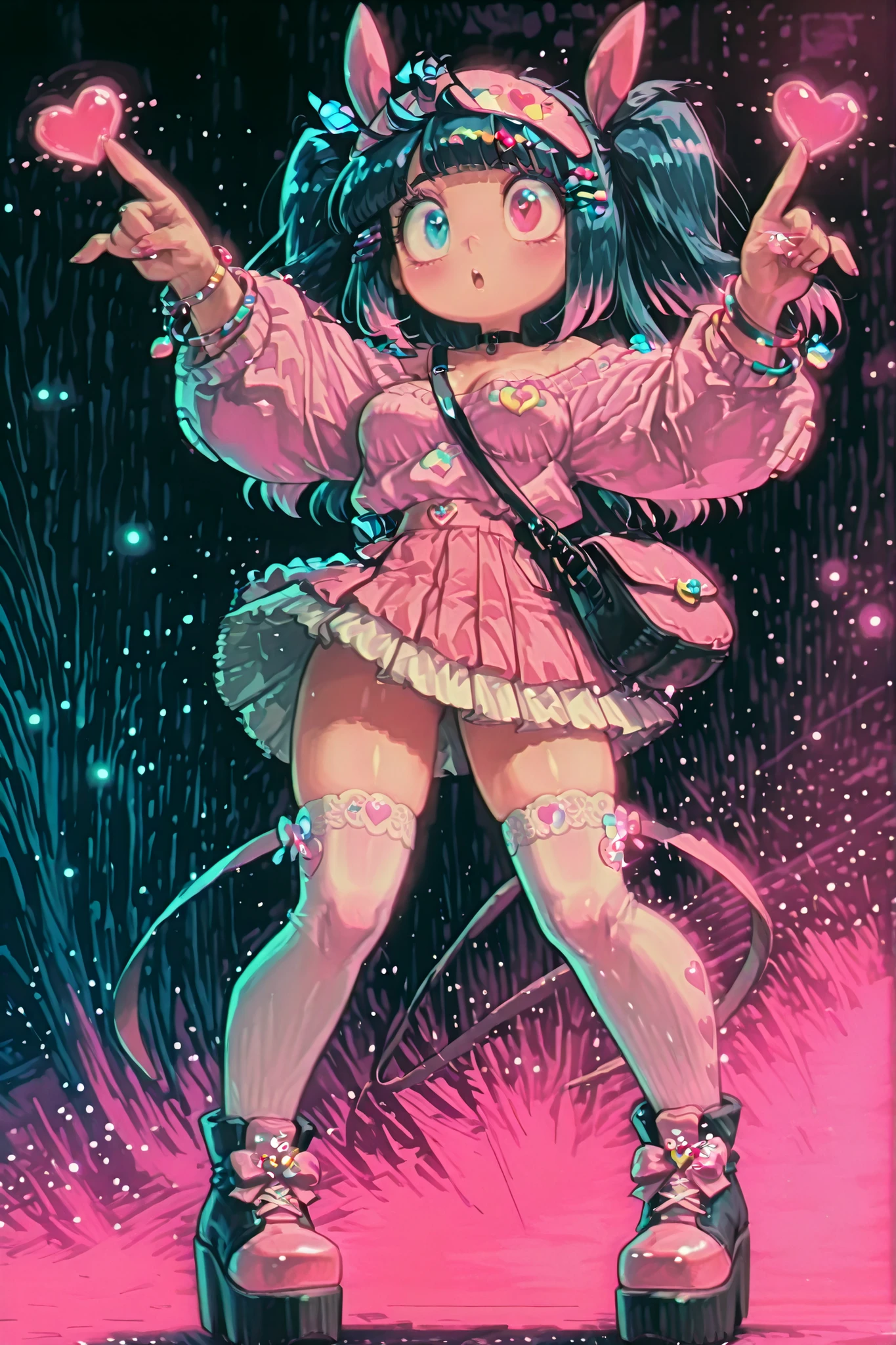 Front angle, Bokeh Blur, shot with a 50mm lens, (masterpiece, highly detailed, vivid colors, anime illustration, fashion design), {1woman}:(a beautiful woman with an attractive body, L-shaped breasts, and thick, She has black hair with colored tips, heterochromia in her eyes: one purple and the other pink, expressive eyes with heart-shaped irises, a vibrant Harajuku-inspired outfit in shades of pink: an oversized pastel pink sweatshirt decorated with cute patches (stars, hearts, ribbons), layered over a short, bubblegum pink ruffled skirt with lace trim, the character wears striped thigh-high stockings (pink and white) with chunky platform shoes in bright hot pink, accessories include a small bunny-shaped crossbody bag, colorful hair clips, an oversized headband, and layered bracelets with charms, the overall style is playful, kawaii, and eccentric, mixing modern streetwear with sweet lolita influences, in the vibrant Harajuku style of Tokyo, in standing, making cute gestures and expressions inspired by anime), solo, neutral background, no background, perfect lighting creating shadows