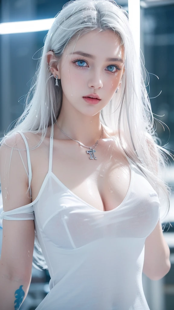 1 beautiful beautiful woman - Scandinavian European appearance (looks like the most beautiful Swedish girl), ((top quality, 8K, Masterpiece:1.retty woman, 1 woman, average breasts:1.3, a slim body:1.1, lush WHITE NIVEOUS short hair, (shower, wet body, wet clothes:1.1), very detailed face, detailed lips, detailed eyes, double eyelids, Detailed blue eyes, Detailed Outstanding Blue Eyes, WHITE NIVEOUS wet hair, WHITE NIVEOUS wet hair, Detailed Outstanding Blue Eyes, innocent look at the viewer, very wet wavy White hair, Detailed Outstanding Blue EYES, huge chest tattoo, detailed huge earrings, chest tattoo, In the gym, gym equipment behind, sexy girls exercising behind, she is wearing oversized t-shirt, reality mode, wet breasts, black necklace, the dress is absolutely translucent, sexy pose, white sexy lingerie, seen-through nipples, she is wetting, Hair of white snowy colour, snowy niveous white hair, the whitest hair ever (existed), WHITE HAIR, night time, RED NEON LIGHTS