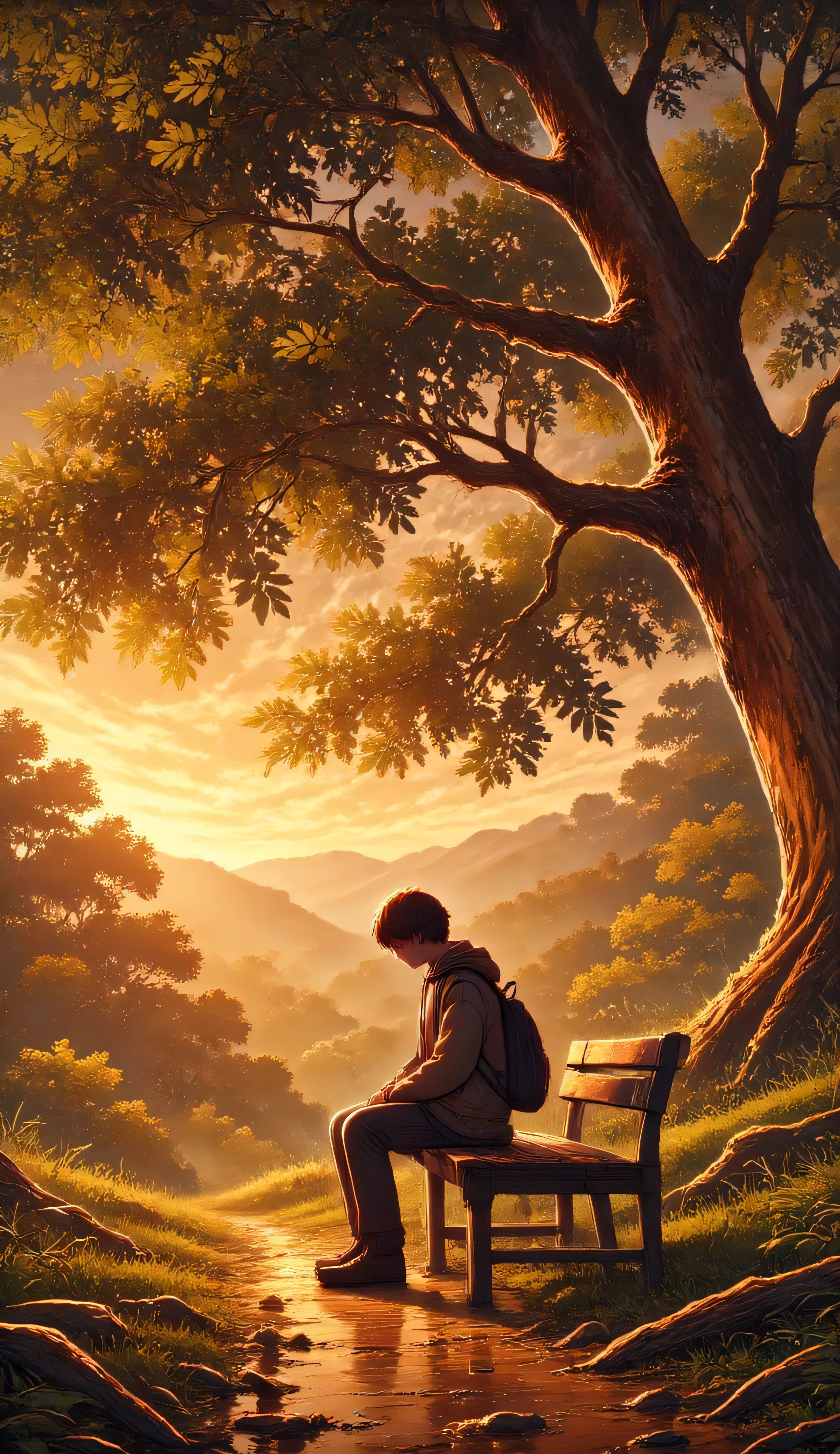 A solitary figure sits on a weathered wooden bench beneath an oak tree, head bowed in deep prayer, illuminated by gentle sunrise filtering through branches, atmosphere of quiet contemplation, cinematic composition, moody photography, deep shadows, 85mm lens, soft focus, ultra-detailed, emotional depth, orange color theme