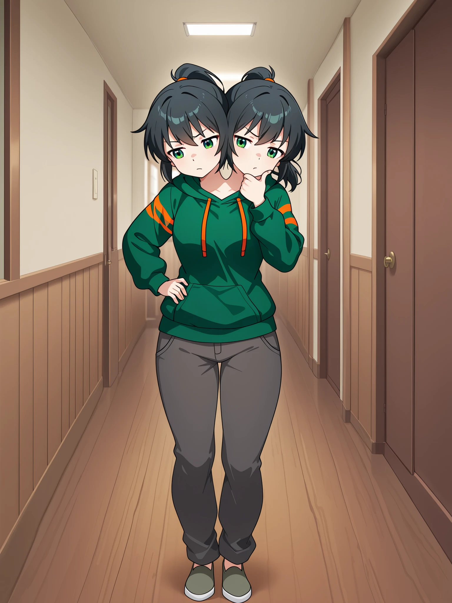 conjoined, anime girl with two heads, black hair, ponytail, green eyes, thinking, hand pinching chin, green hoodie with orange stripes, dark gray long pants, house hallway